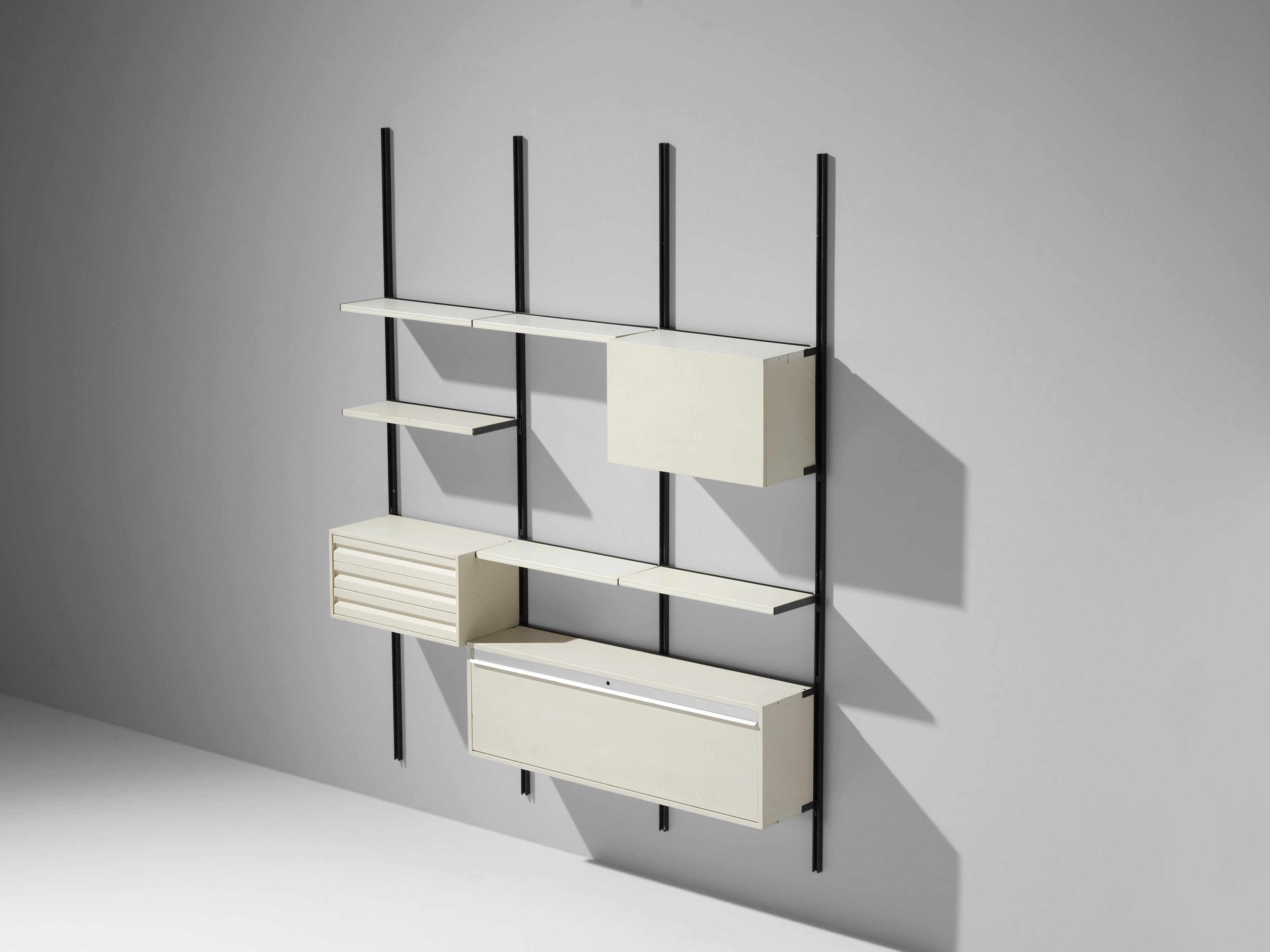 white wall shelving system