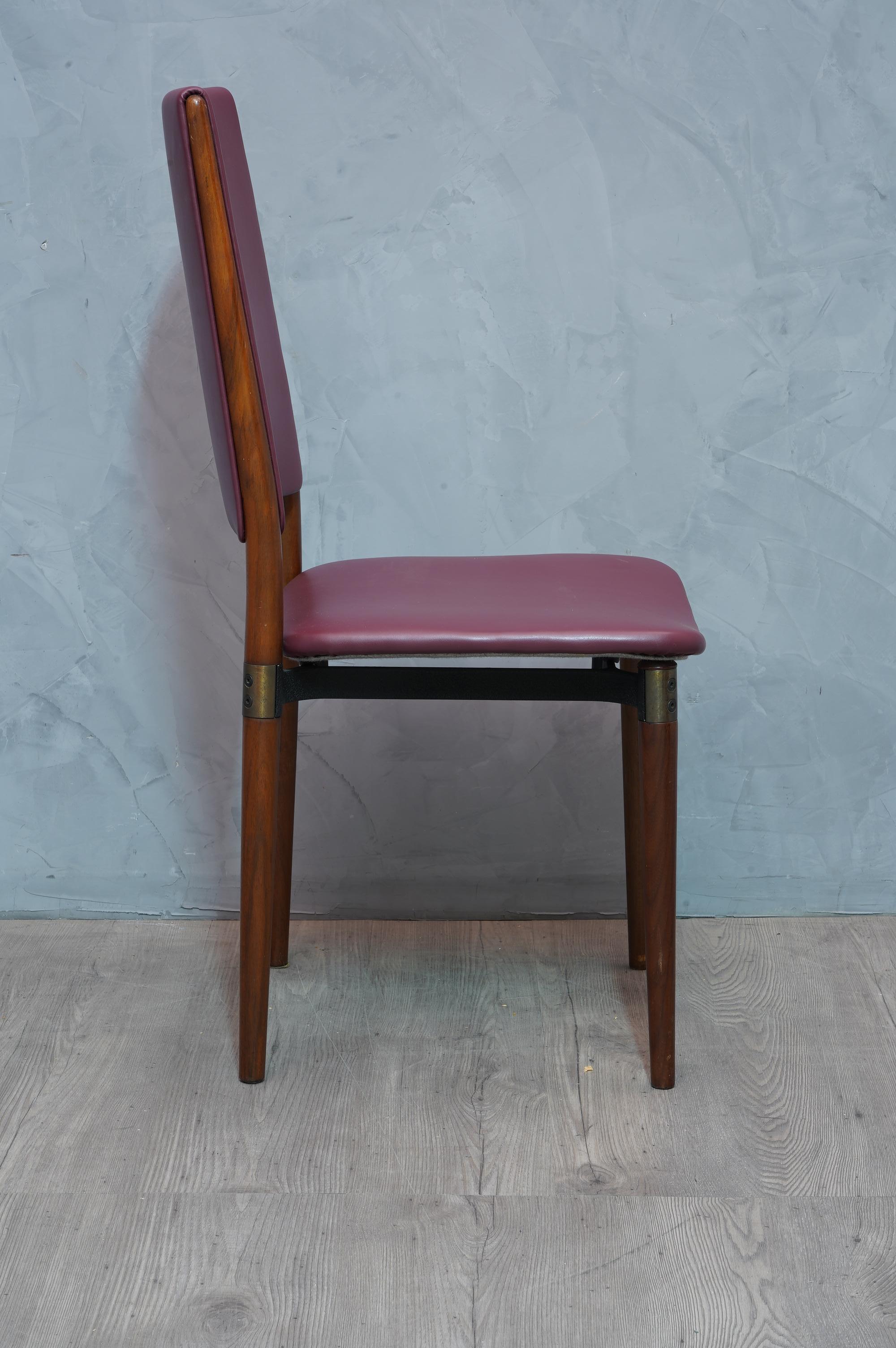 Italian Osvaldo Borsani for Tecno Wood and Leather Chairs, 1960 For Sale