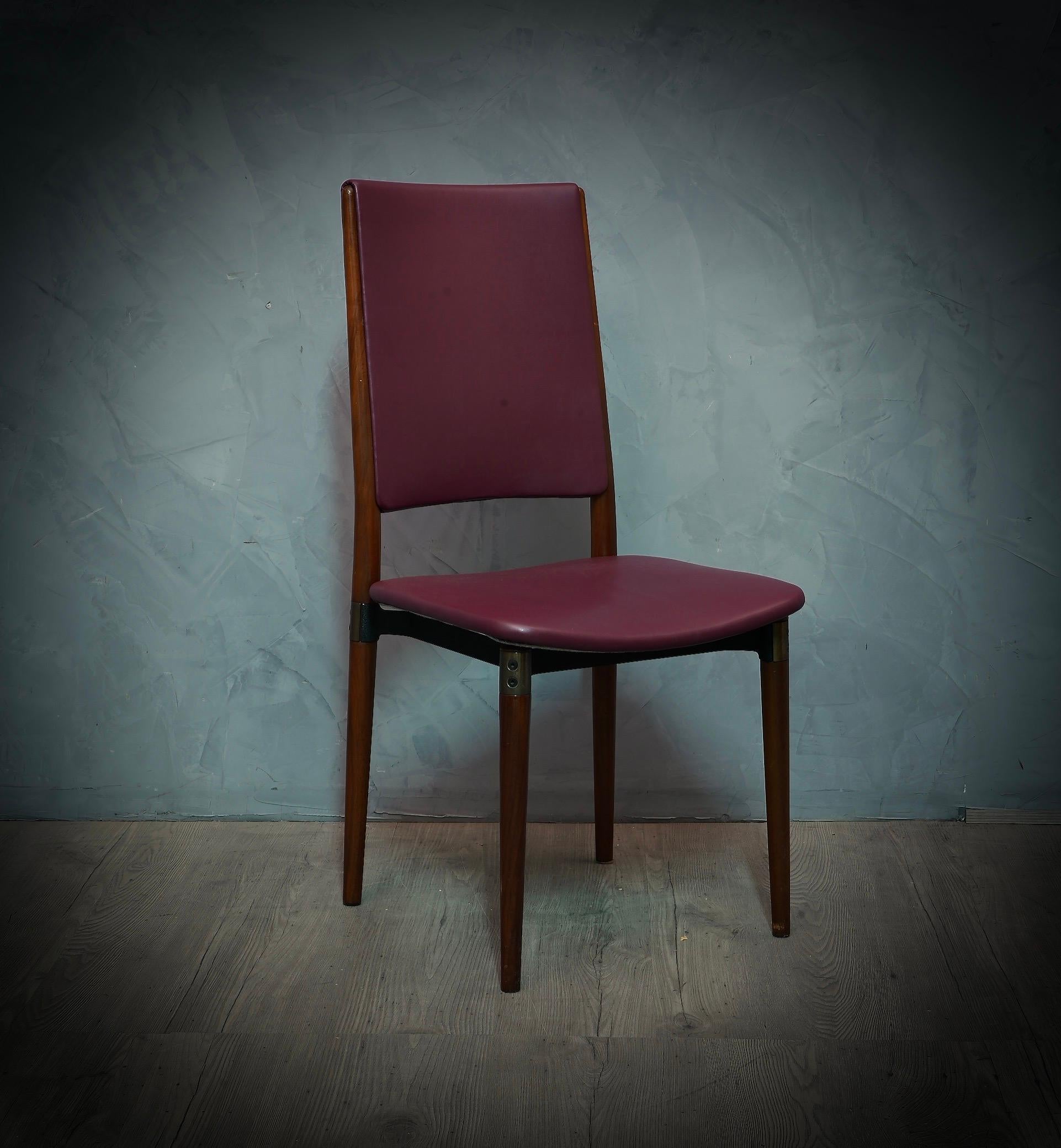 Mid-Century Modern Osvaldo Borsani for Tecno Wood and Leather Office Desk Dinning Room Chairs, 1960 For Sale