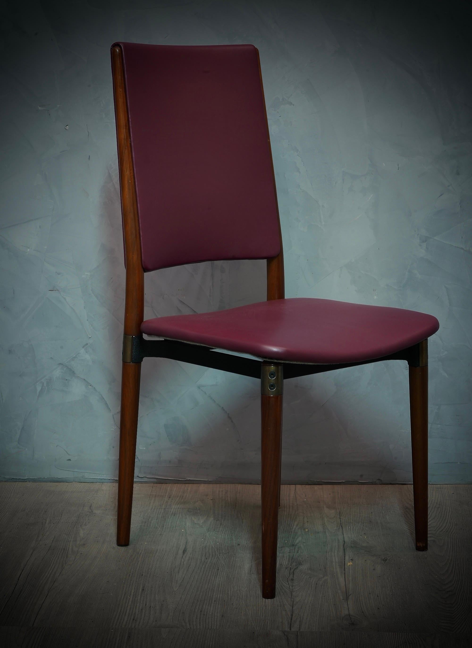 Italian Osvaldo Borsani for Tecno Wood and Leather Office Desk Dinning Room Chairs, 1960 For Sale