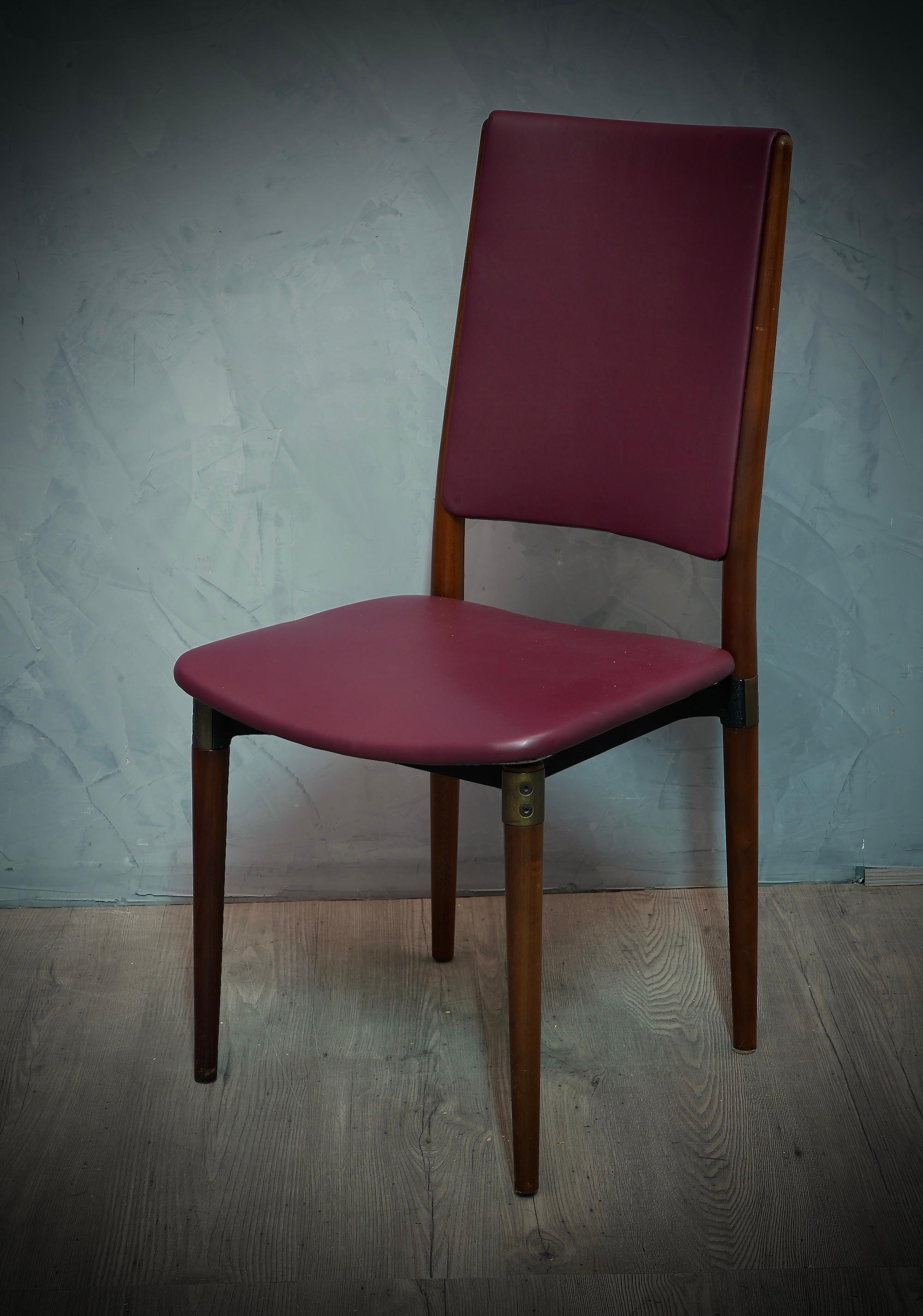 Mid-20th Century Osvaldo Borsani for Tecno Wood and Leather Office Desk Dinning Room Chairs, 1960 For Sale