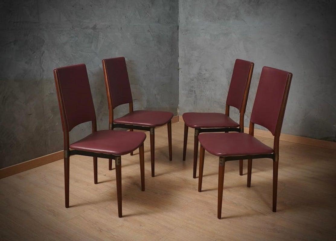 Metà XX secolo Osvaldo Borsani for Tecno Wood and Leather Office Desk Dinning Room Chairs, 1960 in vendita