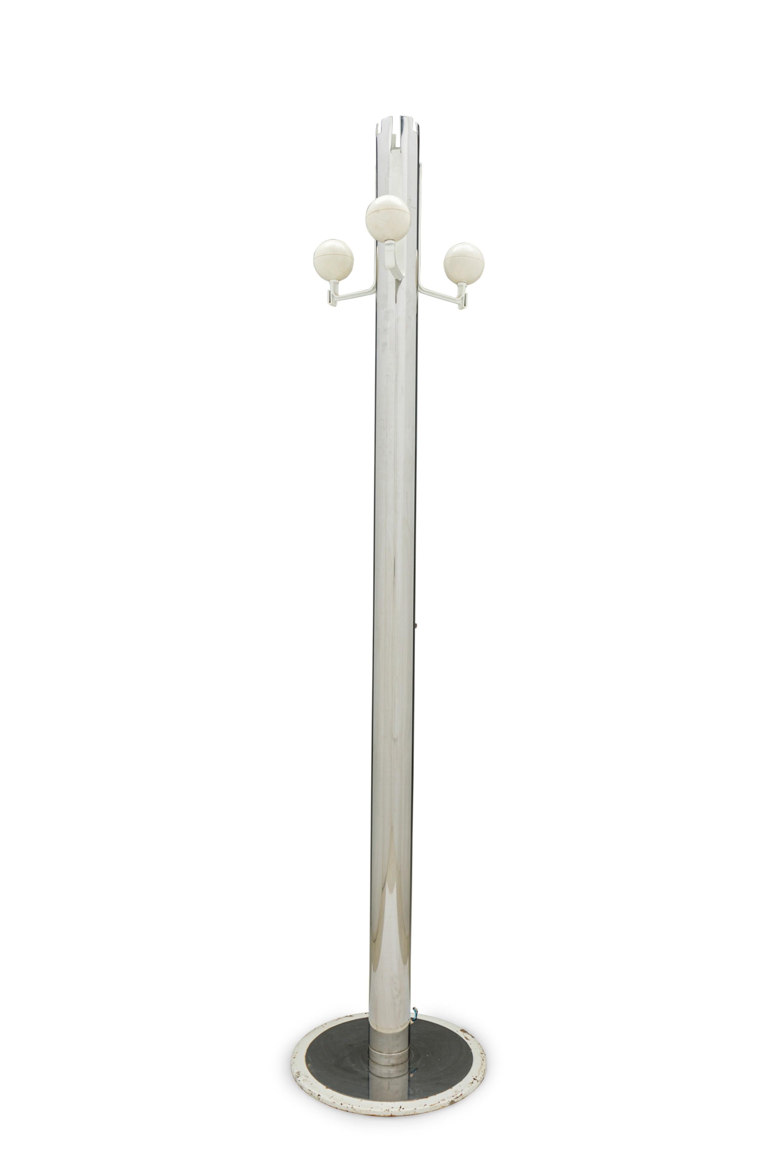 Italian Mid-Century Modern chrome plated coat rack with three bent arms tipped with off-white spheres, resting on a circular metal base. (OSVALDO BORSANI)
 

 Wear to finish
