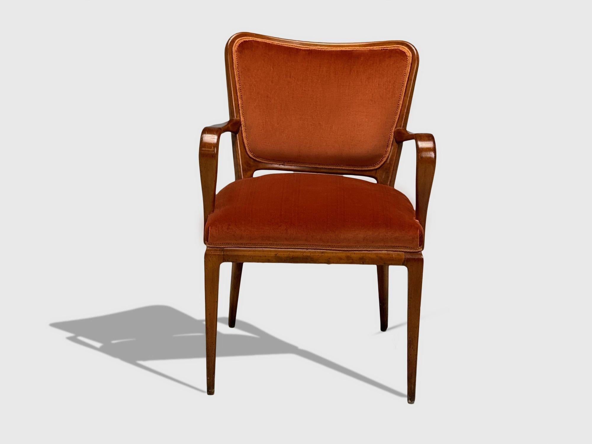 Mid-Century Modern Osvaldo Borsani, moderne italien, cerisier, velours, fauteuil, Italie, années 1950 en vente
