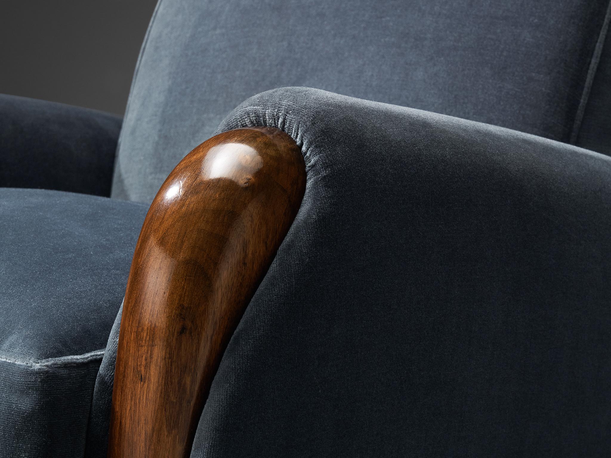 Art Deco Osvaldo Borsani Lounge Chair in Walnut and Blue Velvet
