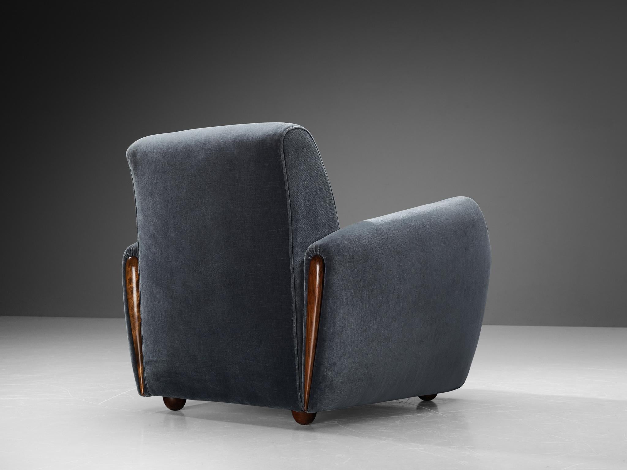 Italian Osvaldo Borsani Lounge Chair in Walnut and Blue Velvet  For Sale