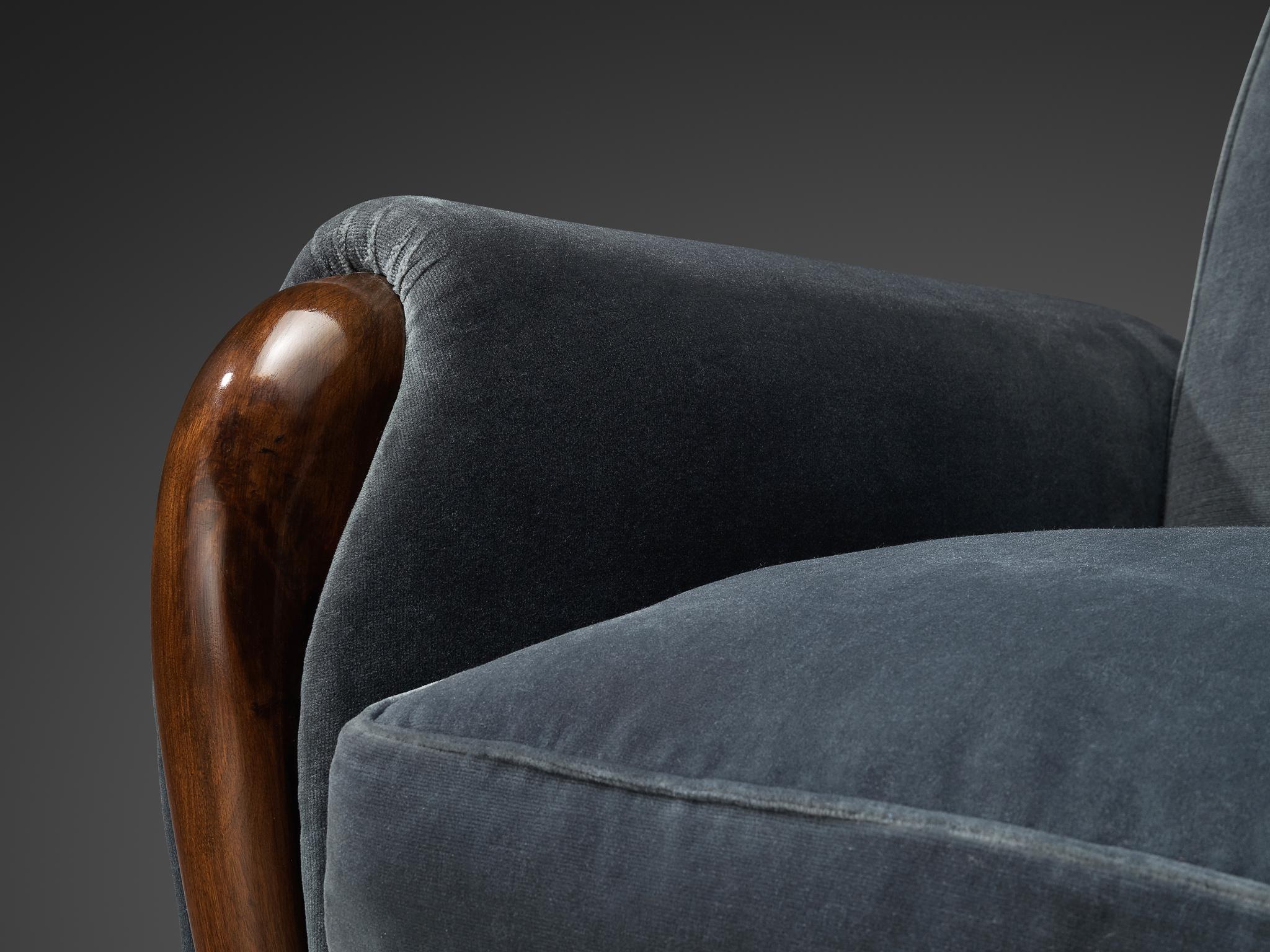 Osvaldo Borsani Lounge Chair in Walnut and Blue Velvet 2