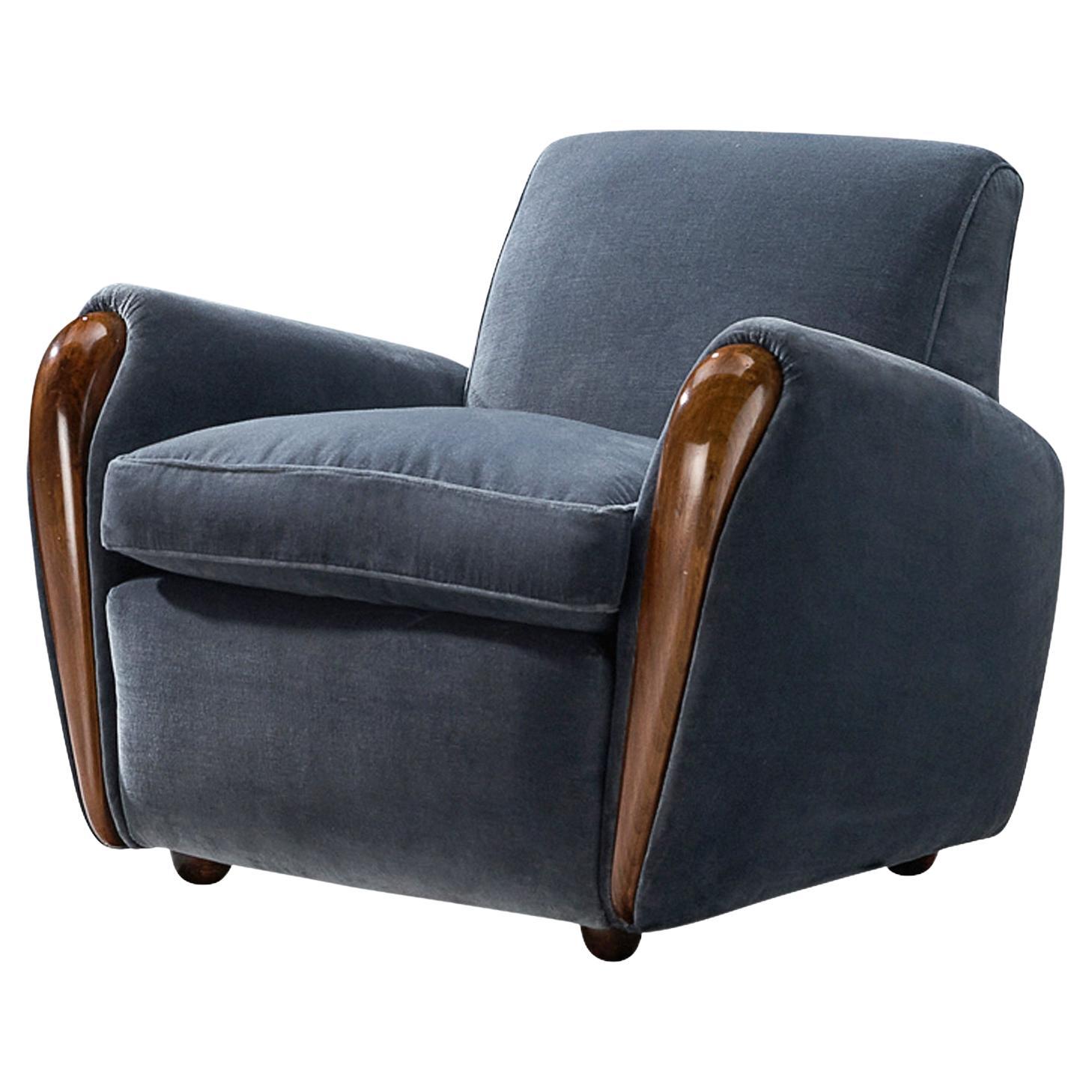 Osvaldo Borsani Lounge Chair in Walnut and Blue Velvet  For Sale