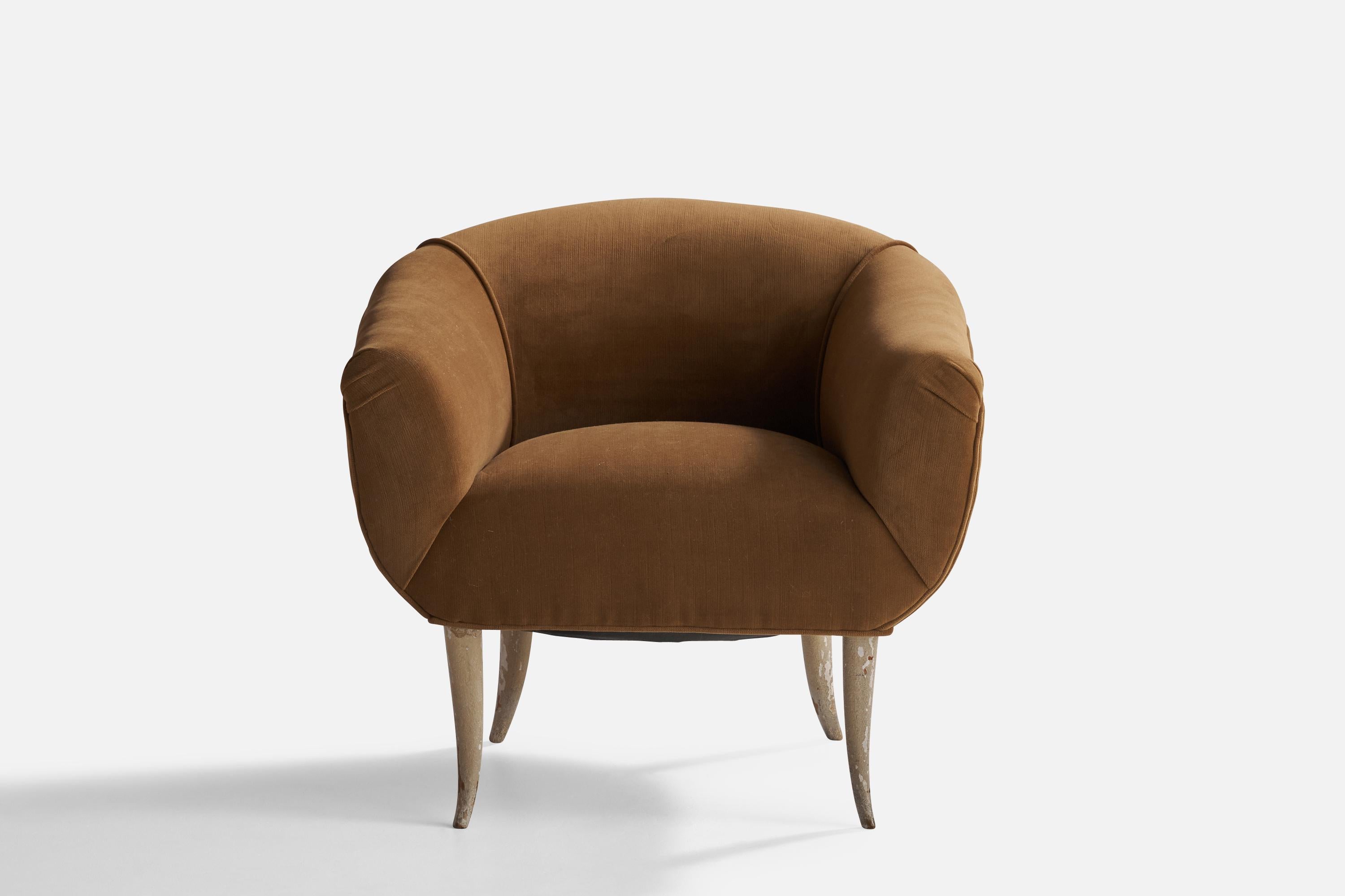 Organic Modern Osvaldo Borsani, Lounge Chair, Wood, Velvet, Italy, 1940s For Sale