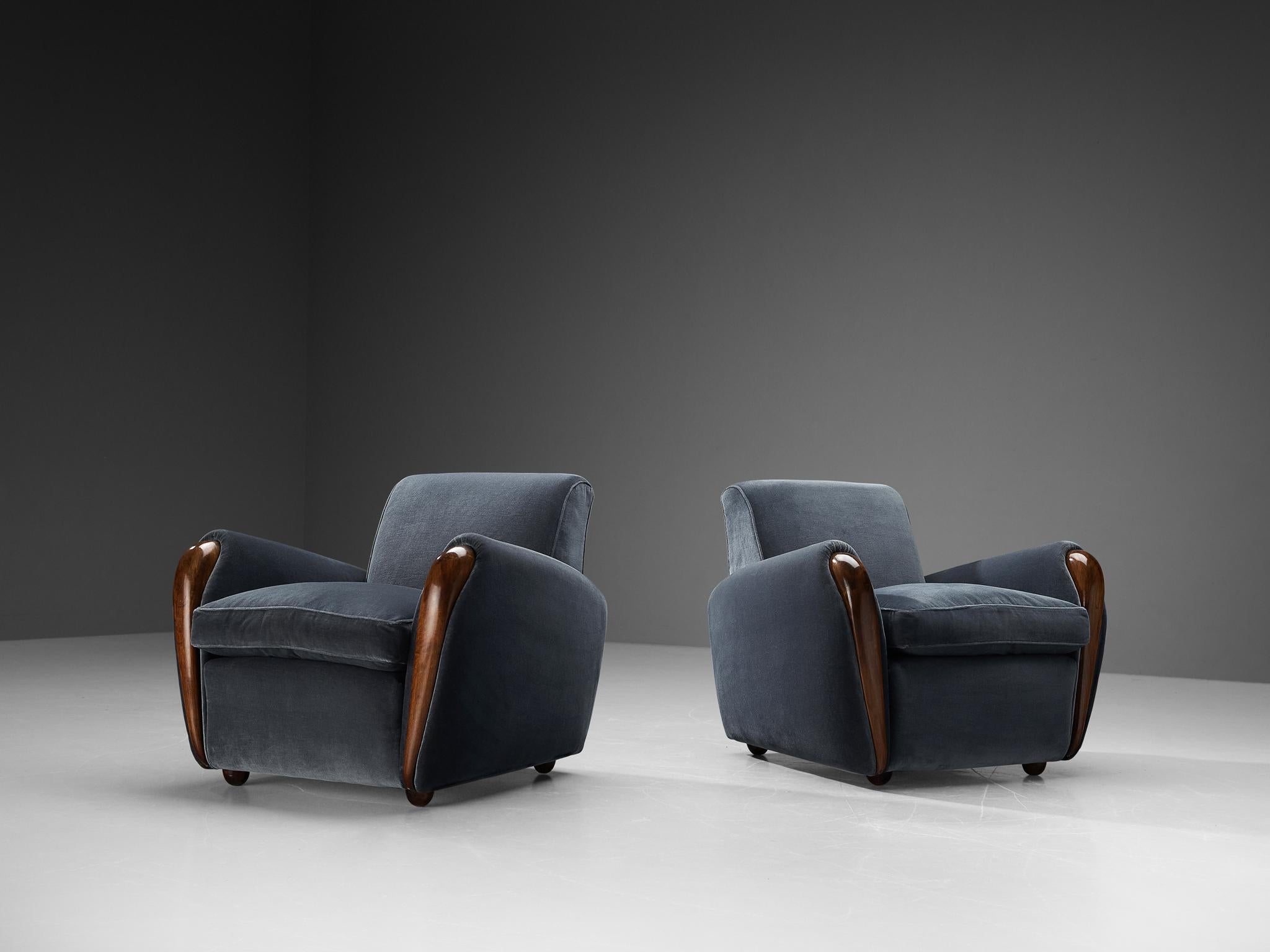 Mid-20th Century Osvaldo Borsani Lounge Chairs in Walnut and Blue Velvet  For Sale