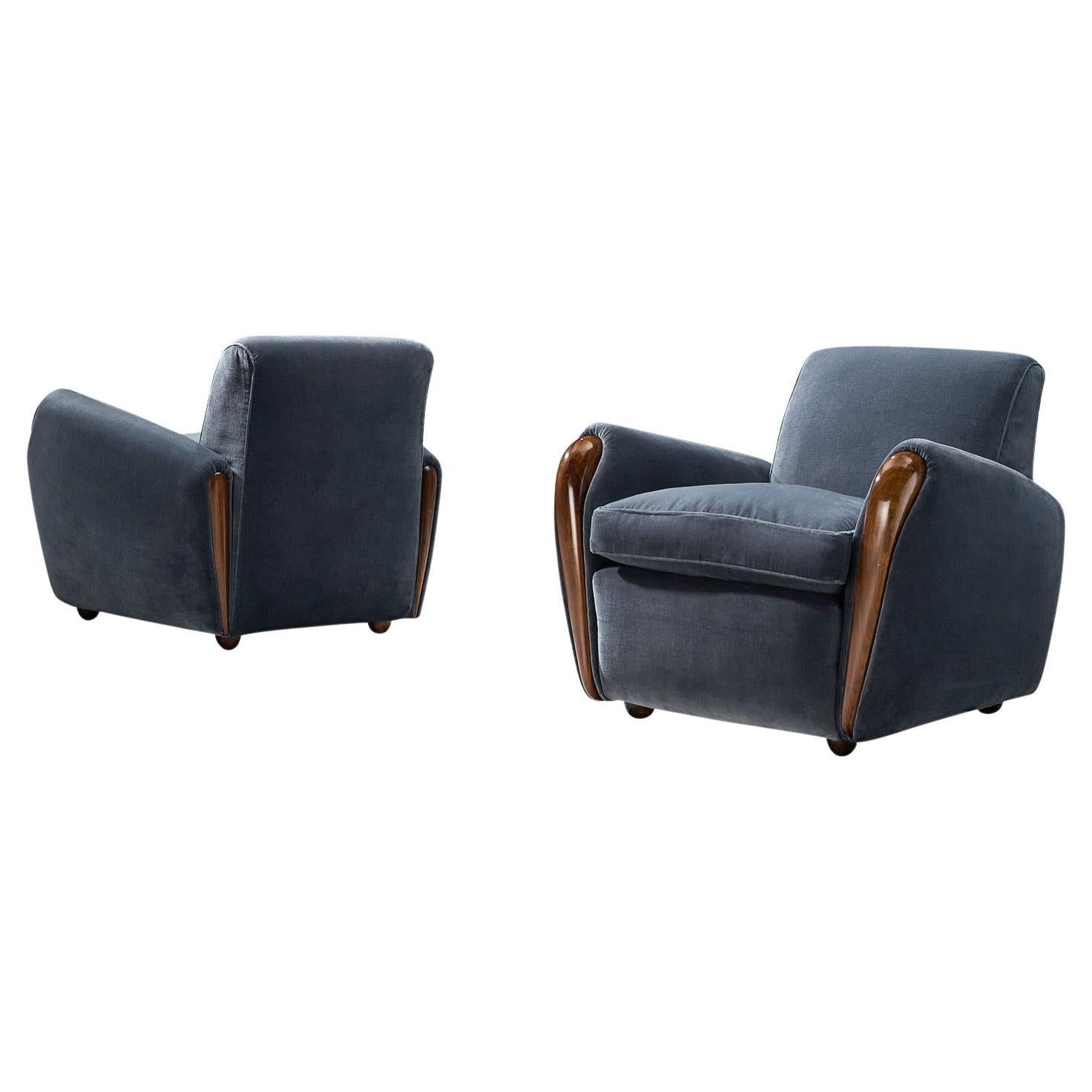 Osvaldo Borsani Lounge Chairs in Walnut and Blue Velvet 