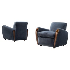 Vintage Osvaldo Borsani Lounge Chairs in Walnut and Blue Velvet 