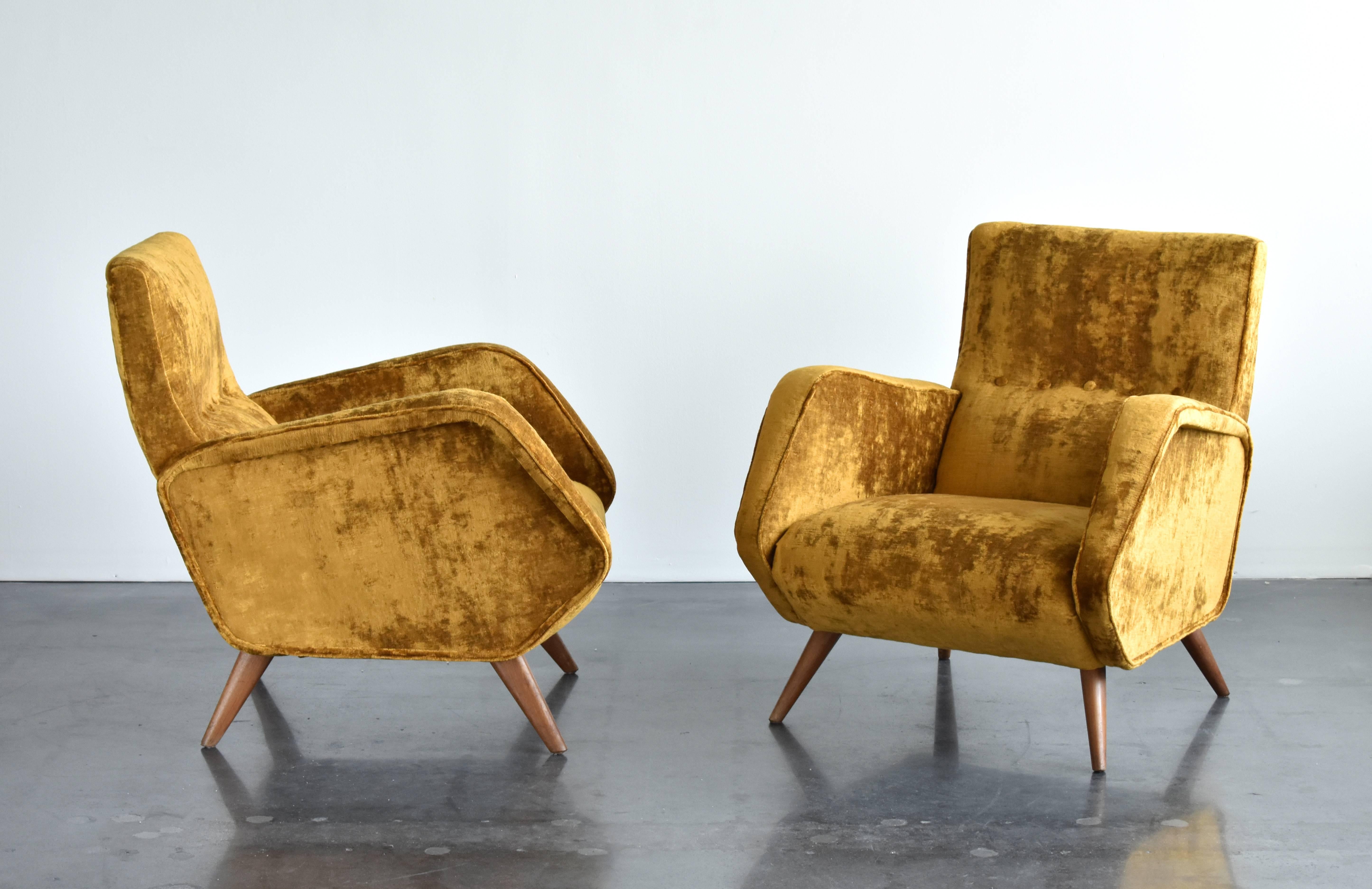 Italian Osvaldo Borsani Lounge Chairs, Yellow or Orange Velvet, Tecno, Italy, 1953