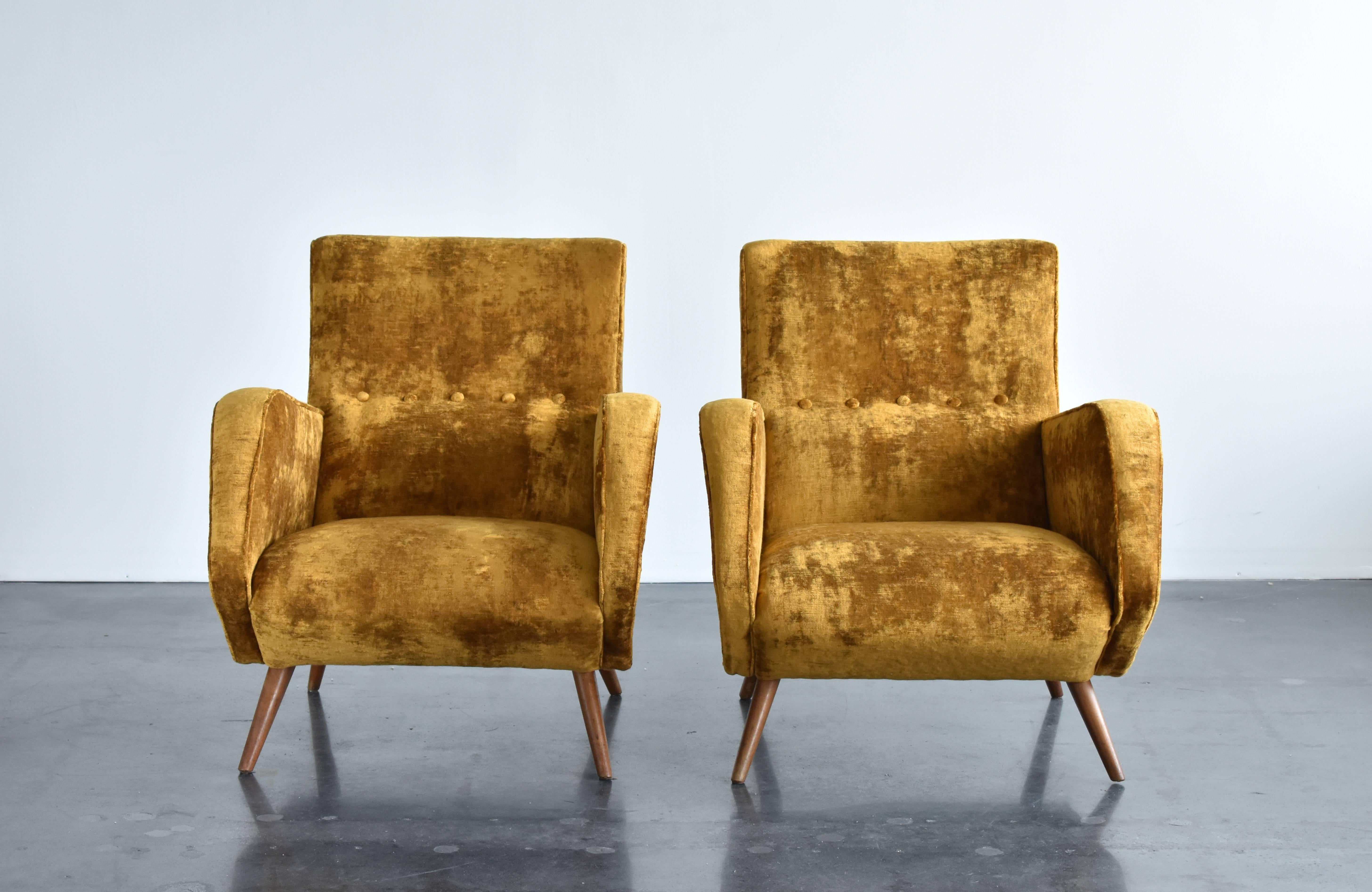 Mid-20th Century Osvaldo Borsani Lounge Chairs, Yellow or Orange Velvet, Tecno, Italy, 1953