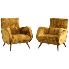 Osvaldo Borsani Lounge Chairs, Yellow or Orange Velvet, Tecno, Italy, 1953
