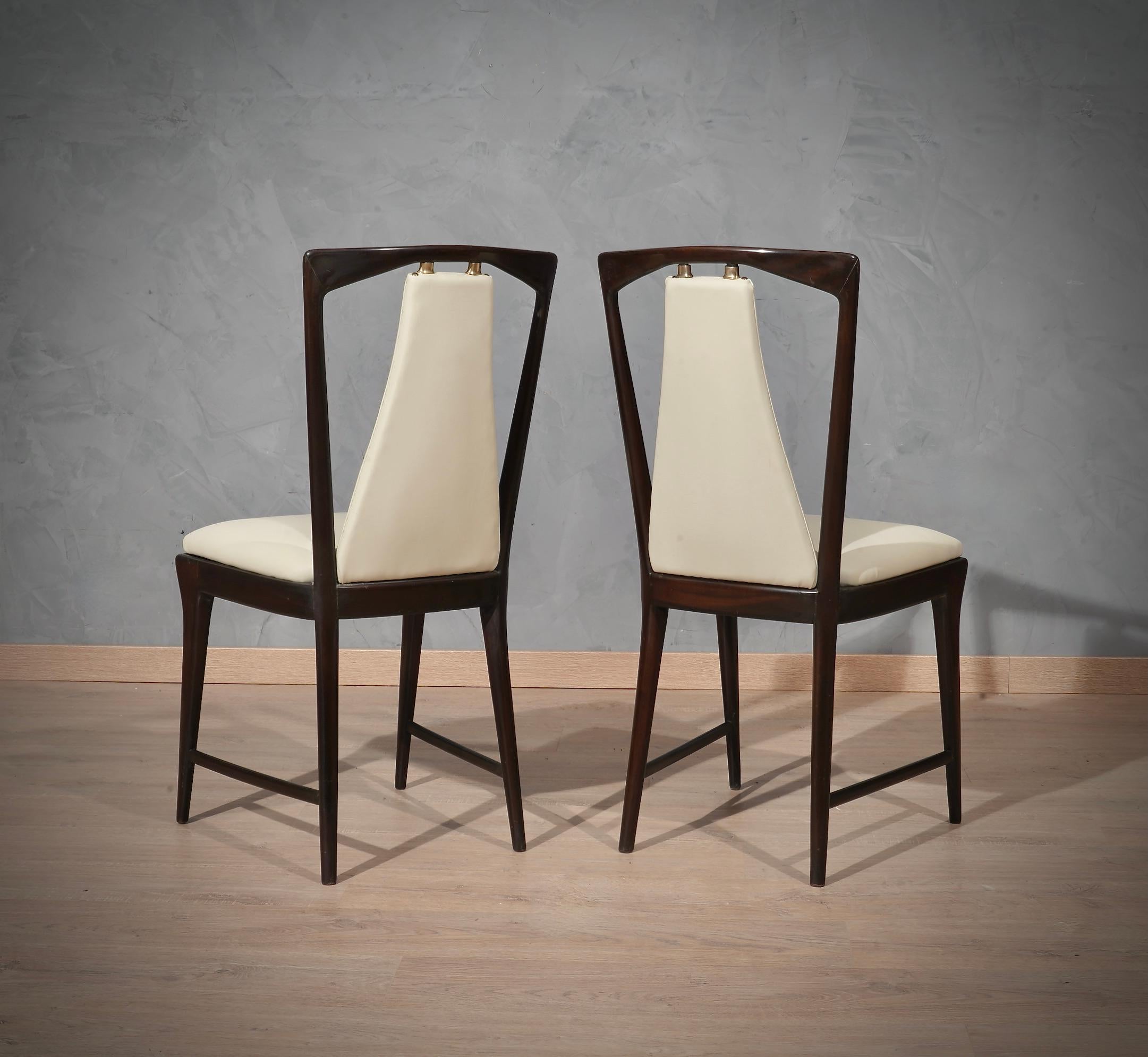 Mid-Century Modern Osvaldo Borsani Mahogany and Leather Italian 6 Chairs, 1950