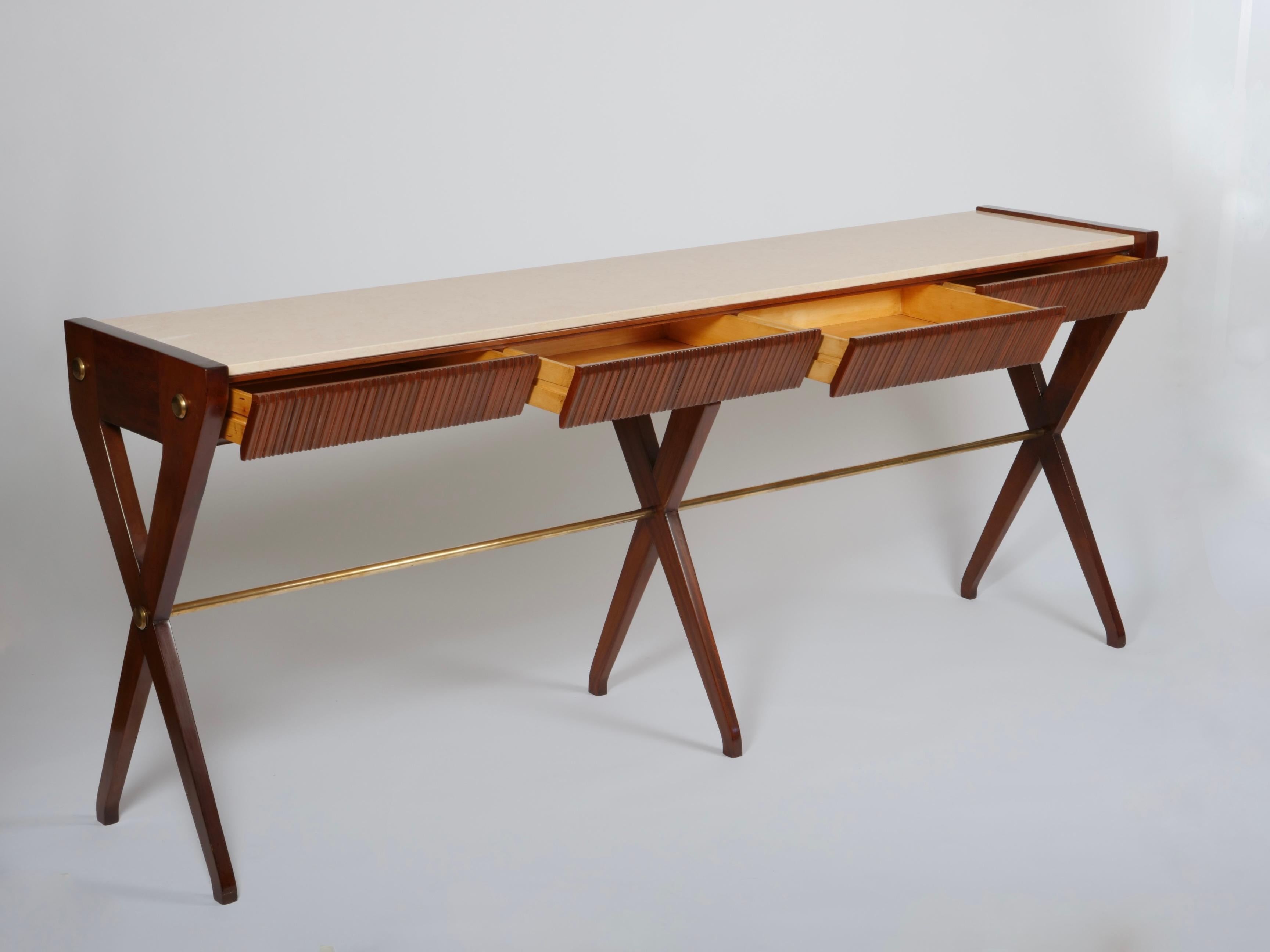Osvaldo Borsani  mahogany and marble console with drawers. Italy c1950 In Good Condition In London, GB