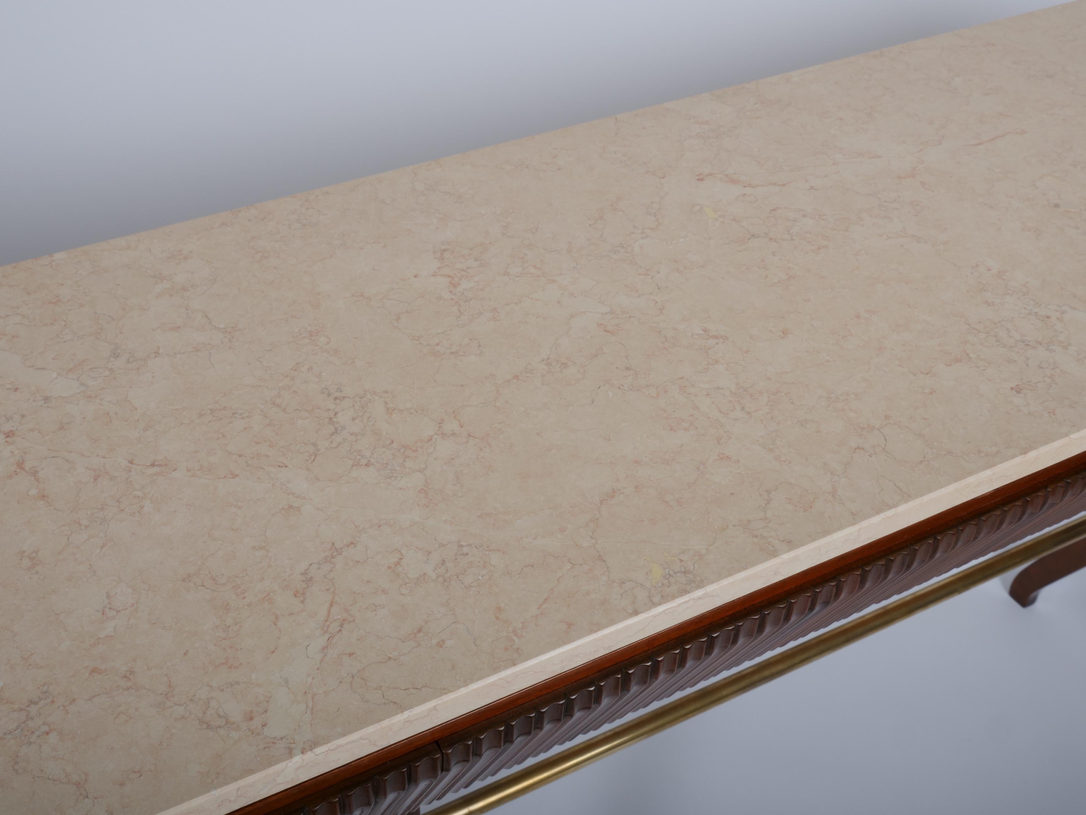 Brass Osvaldo Borsani  mahogany and marble console with drawers. Italy c1950