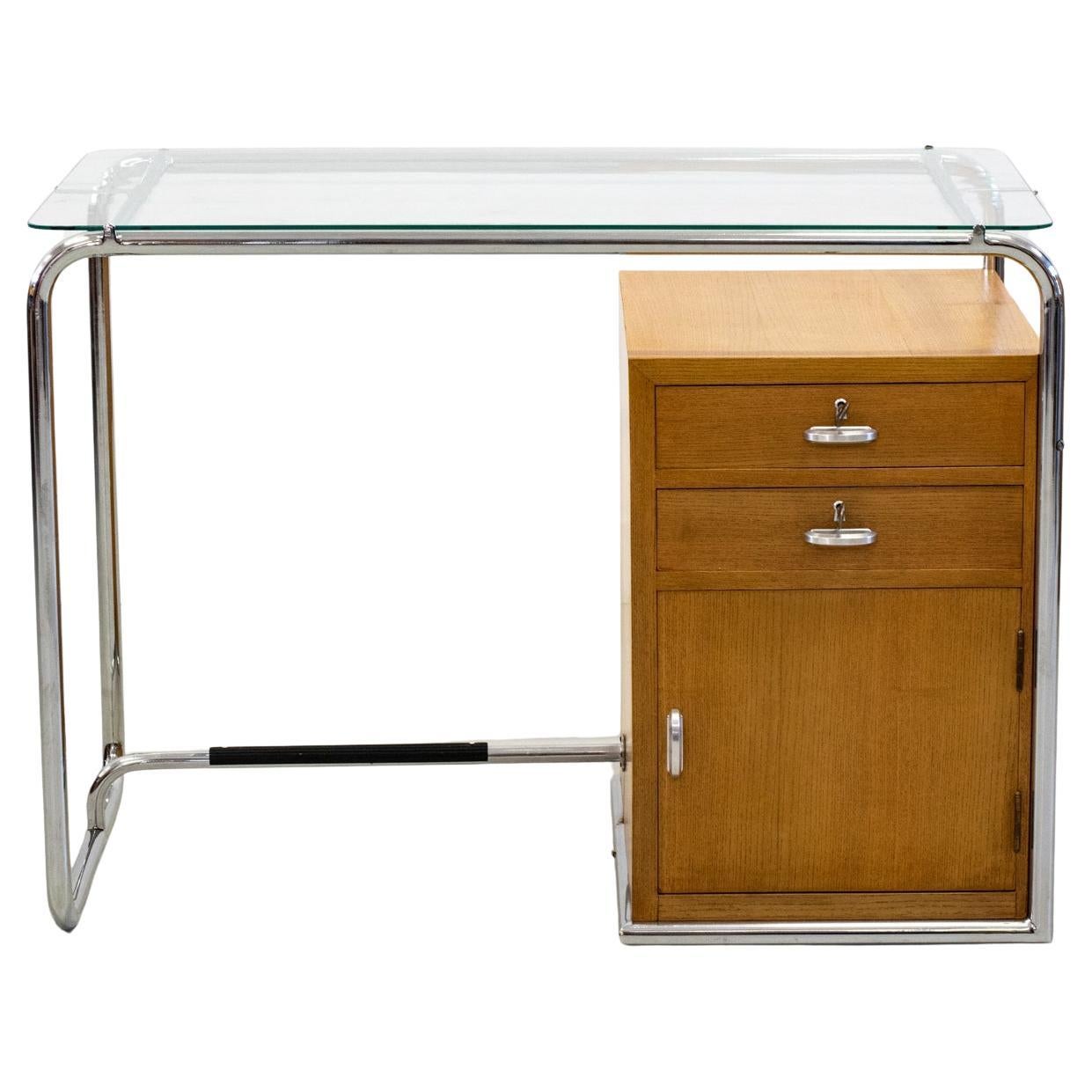 Scrivania di metà secolo di Osvaldo Borsani con cassetti in metallo, vetro e wood 1930 in vendita