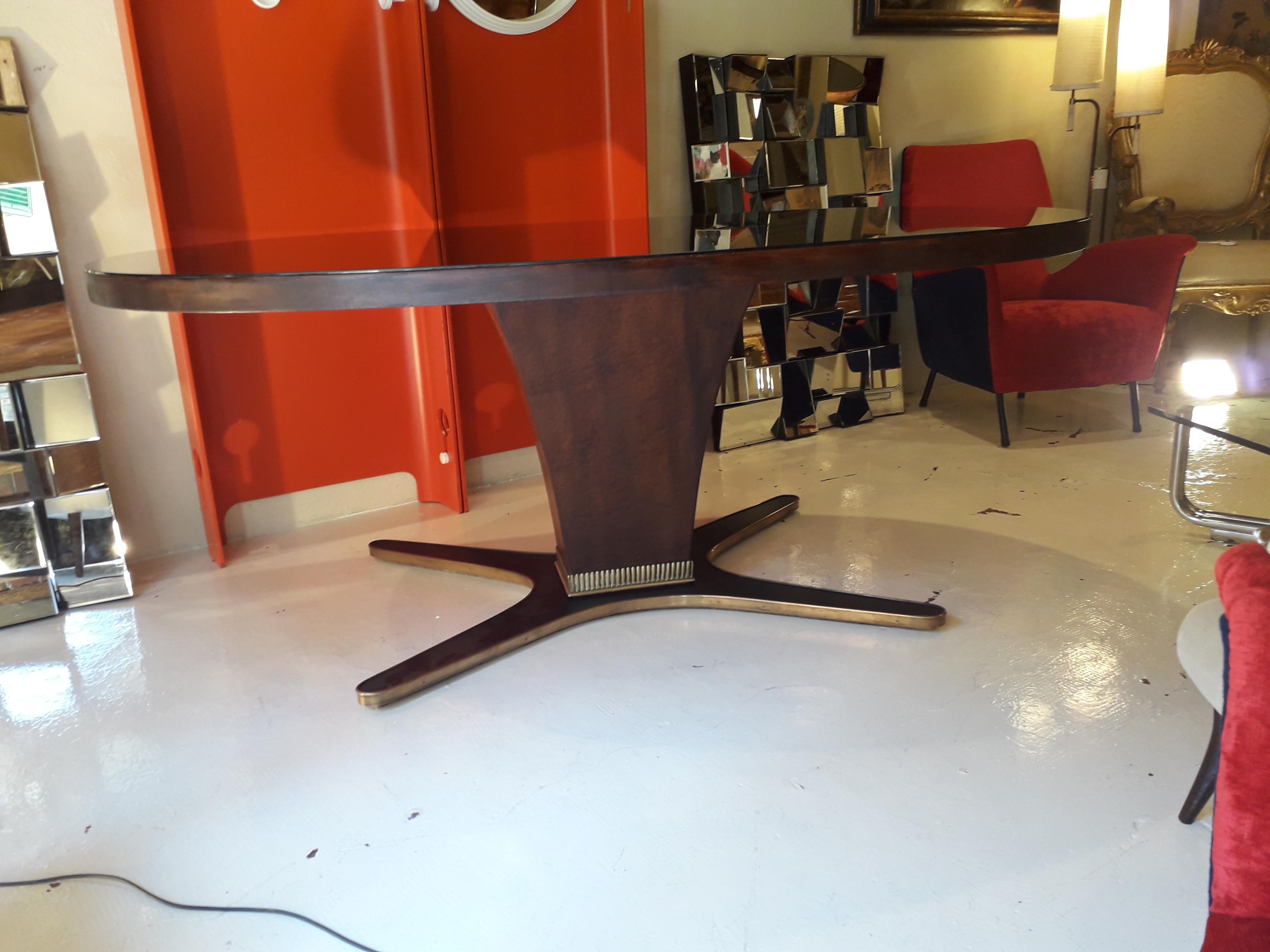 Italian Osvaldo Borsani Mid-century Wood Oval Table and Brass and Mirror Glass Top 