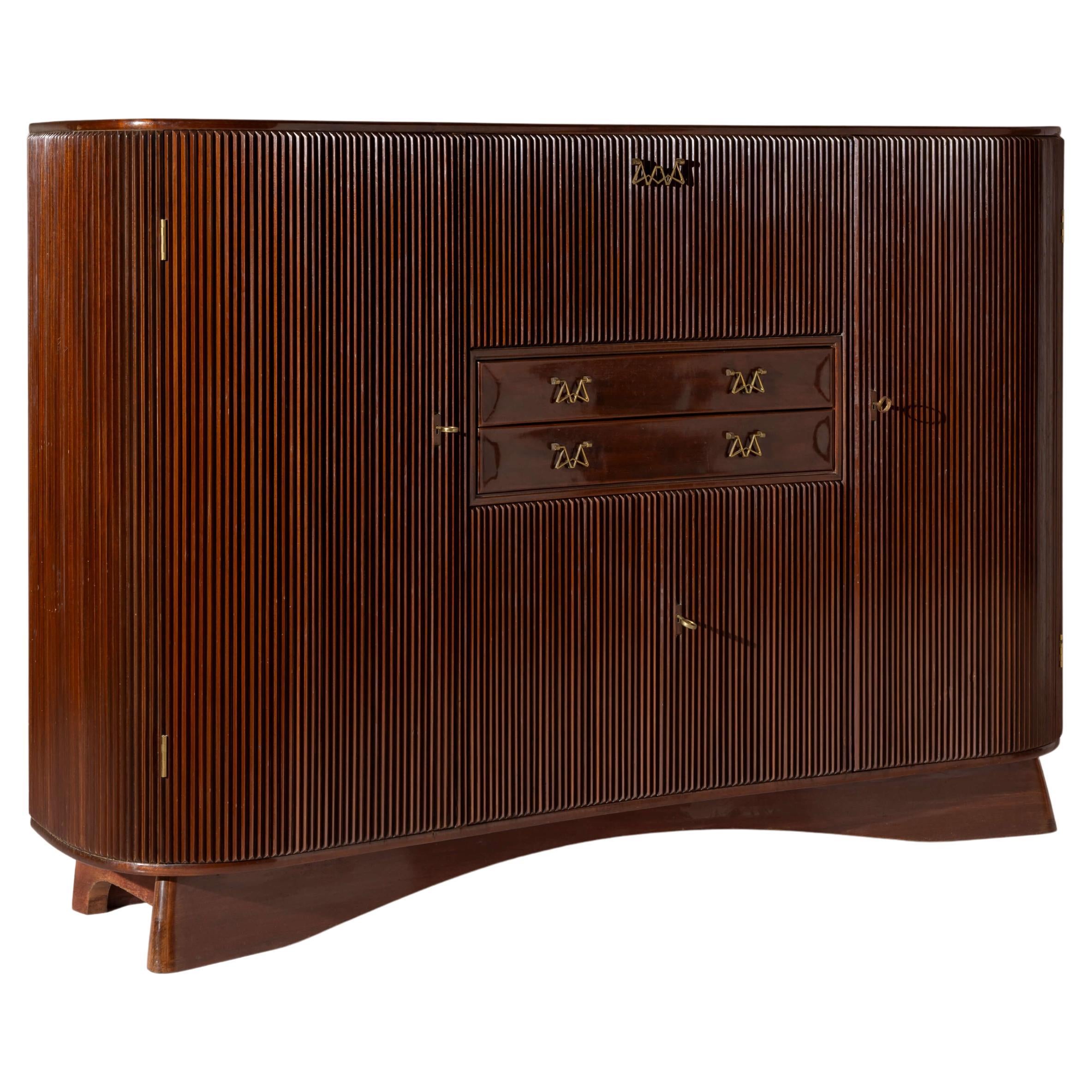 Osvaldo Borsani oak cabinet with doors, drawers & drop-front panel, Italy, 1945