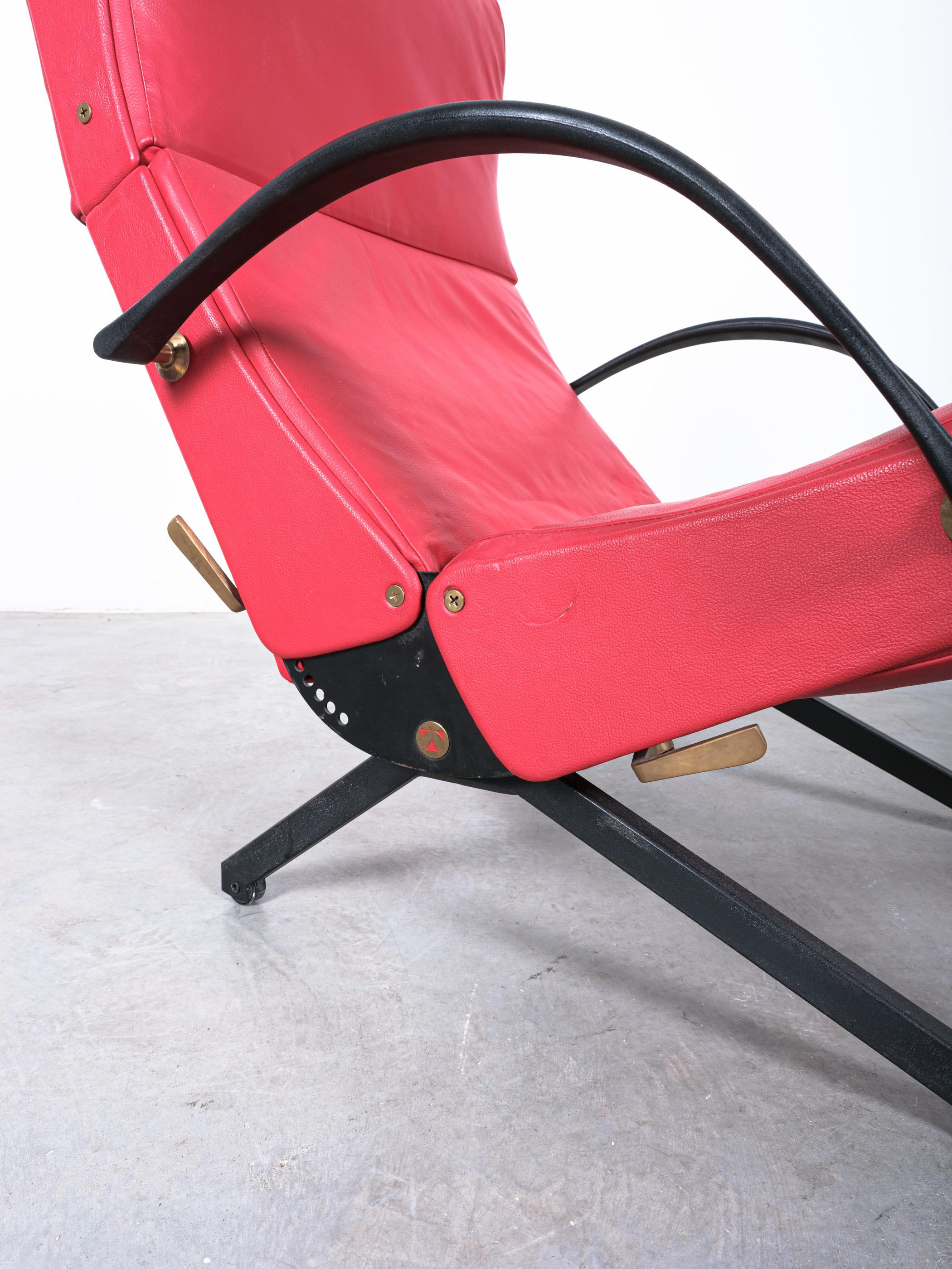 Metal Osvaldo Borsani P40 Relaxing Leather Armchair Red Leather, Tecta, 1950, Italy For Sale