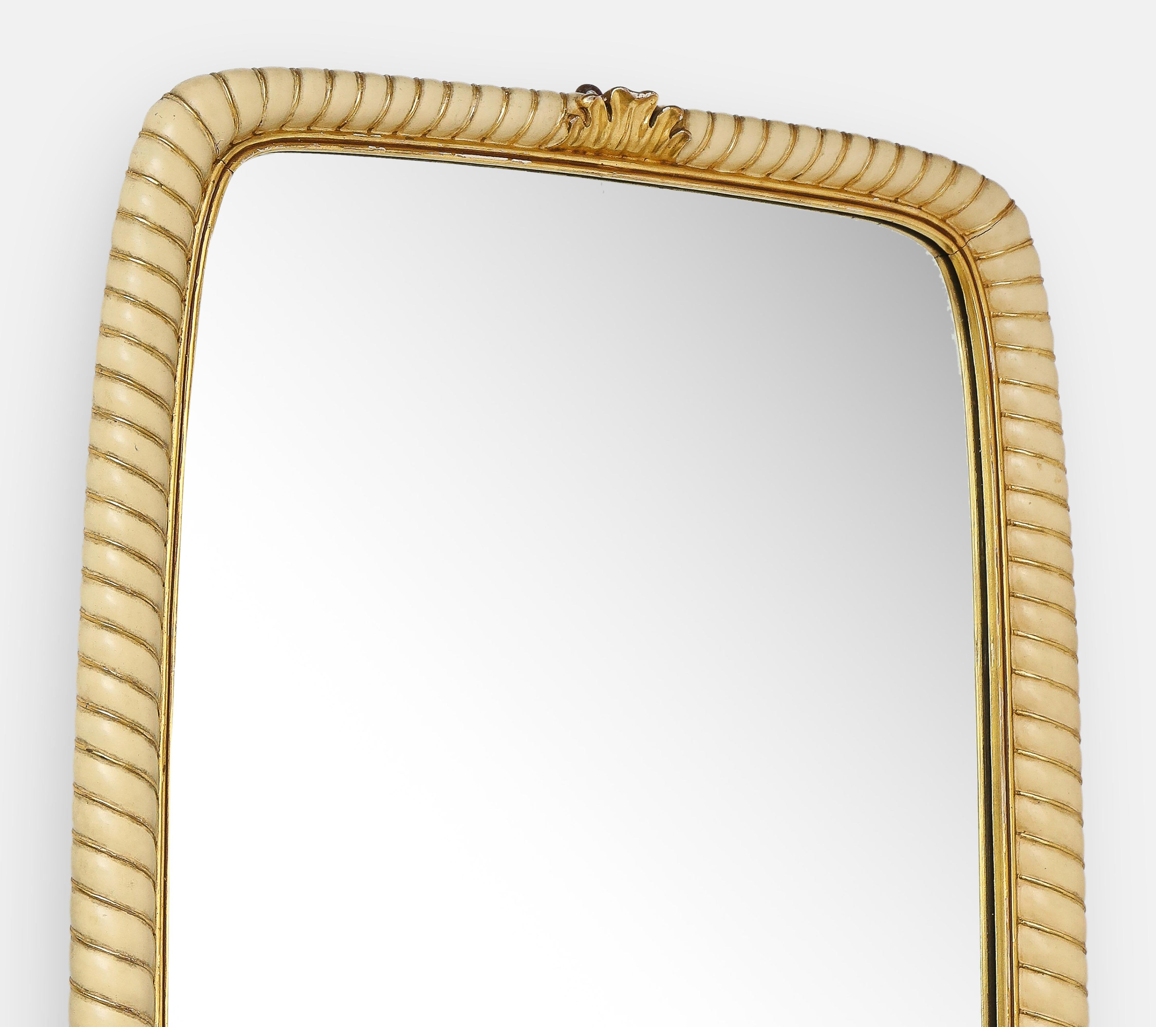 Hand-Carved Osvaldo Borsani Rare Large Ivory Painted and Gilded Wood Mirror, Italy, 1940s For Sale