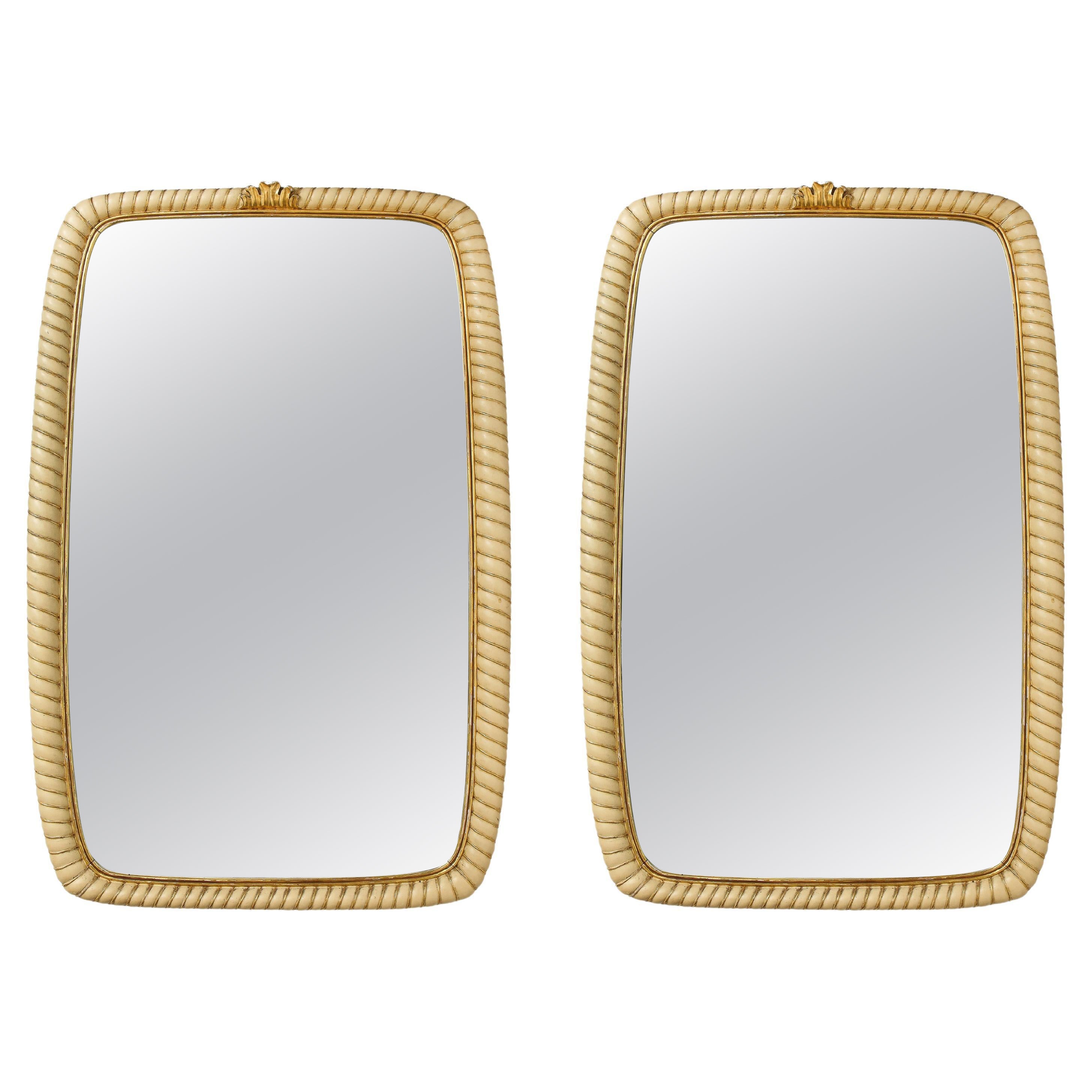 Osvaldo Borsani Rare Pair of Large Ivory Painted and Gilded Wood Mirrors, 1940s