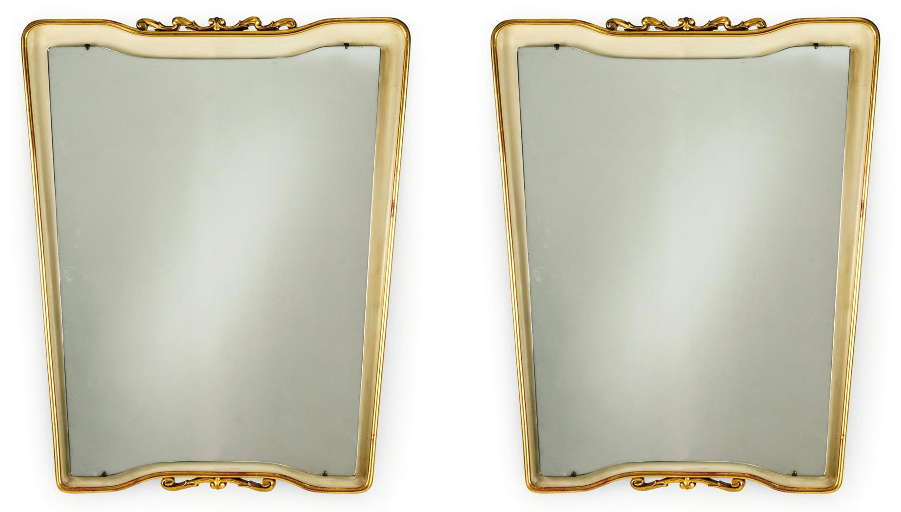 Pair Osvaldo Borsani Wall Mirrors with Floating Marble & Giltwood Consoles For Sale 13