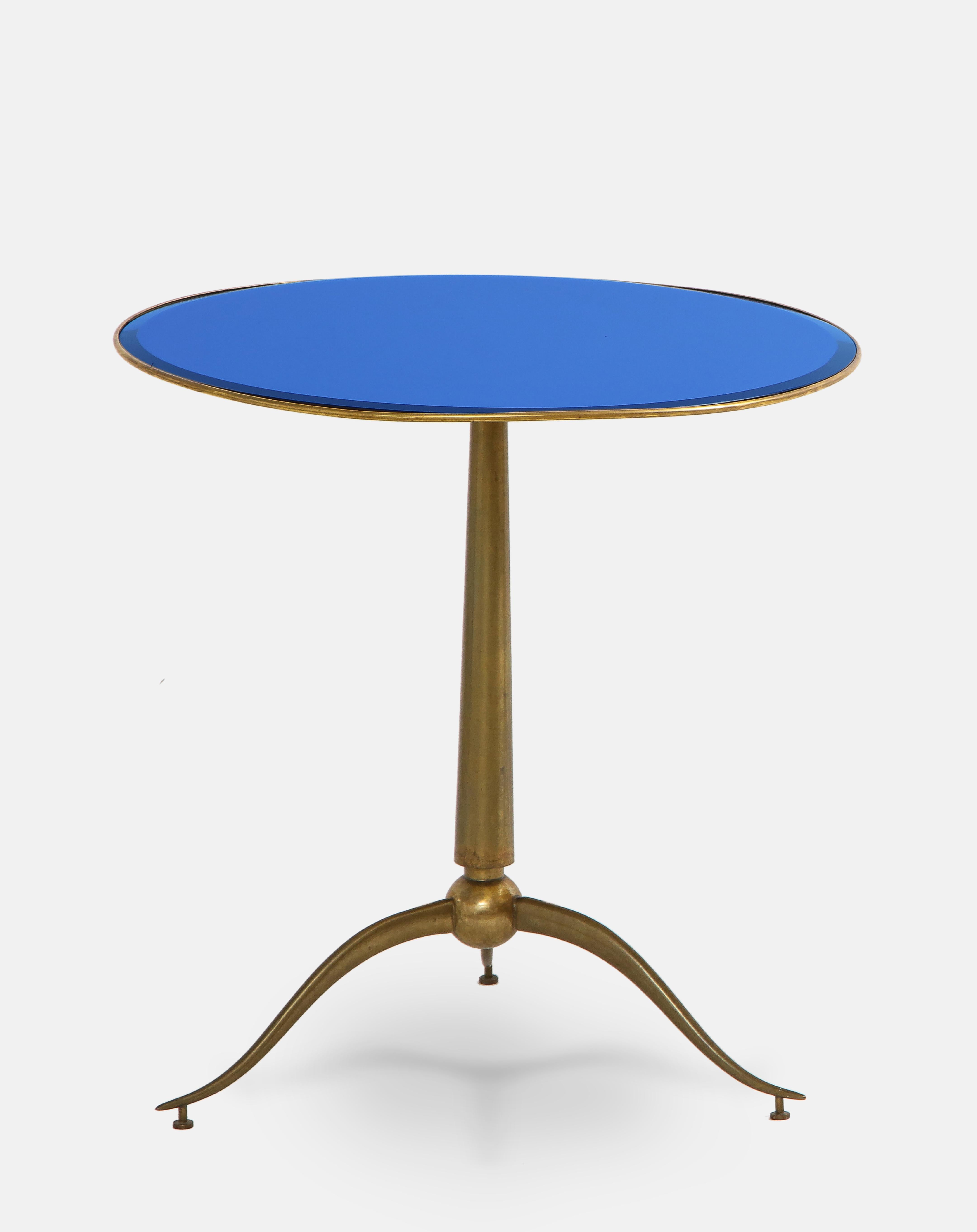 Italian Osvaldo Borsani Rare Pair of Side Tables in Brass and Blue Glass