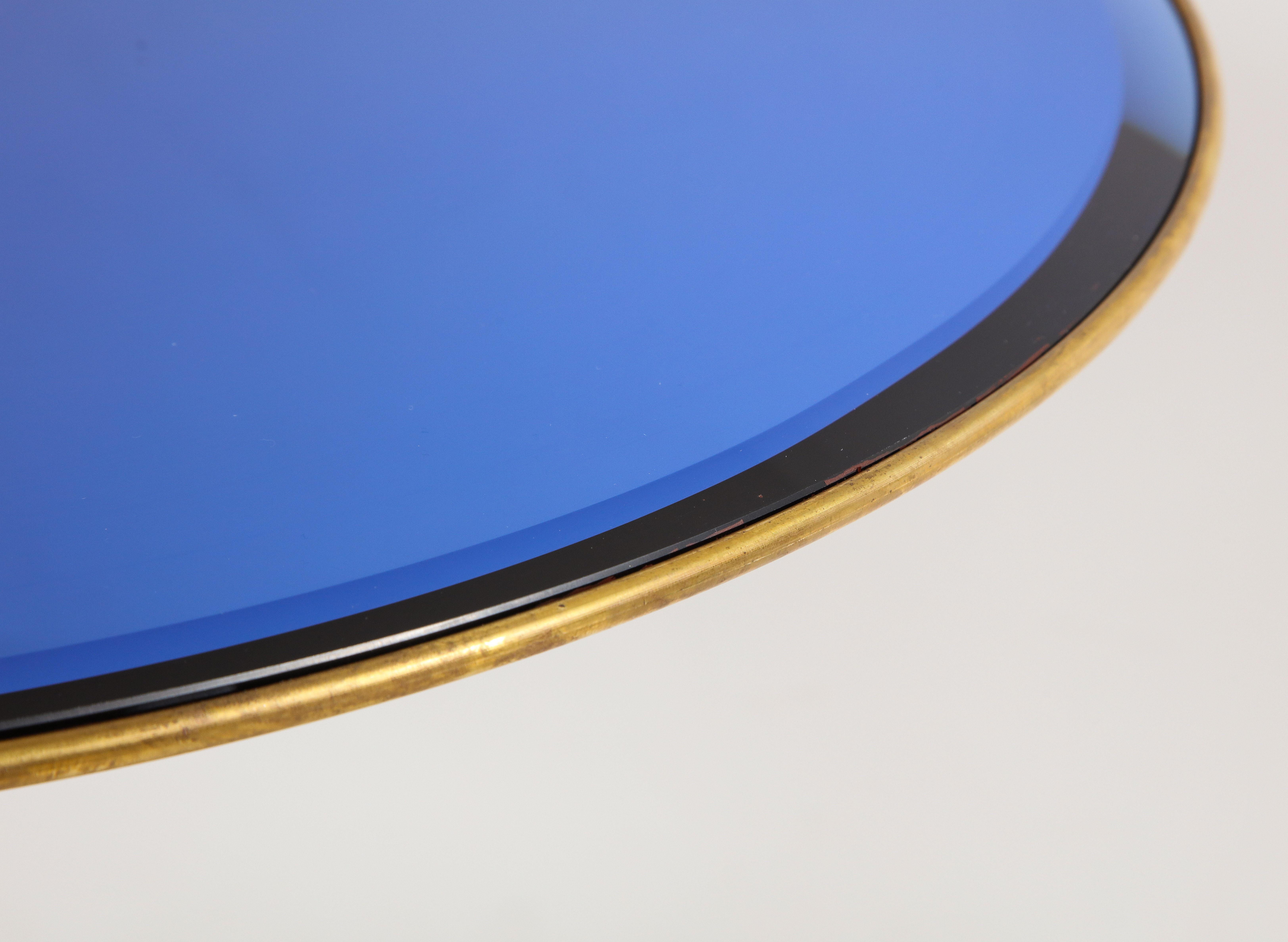 Wood Osvaldo Borsani Rare Pair of Side Tables in Brass and Blue Glass