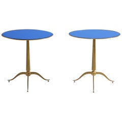 Osvaldo Borsani Rare Pair of Side Tables in Brass and Blue Glass