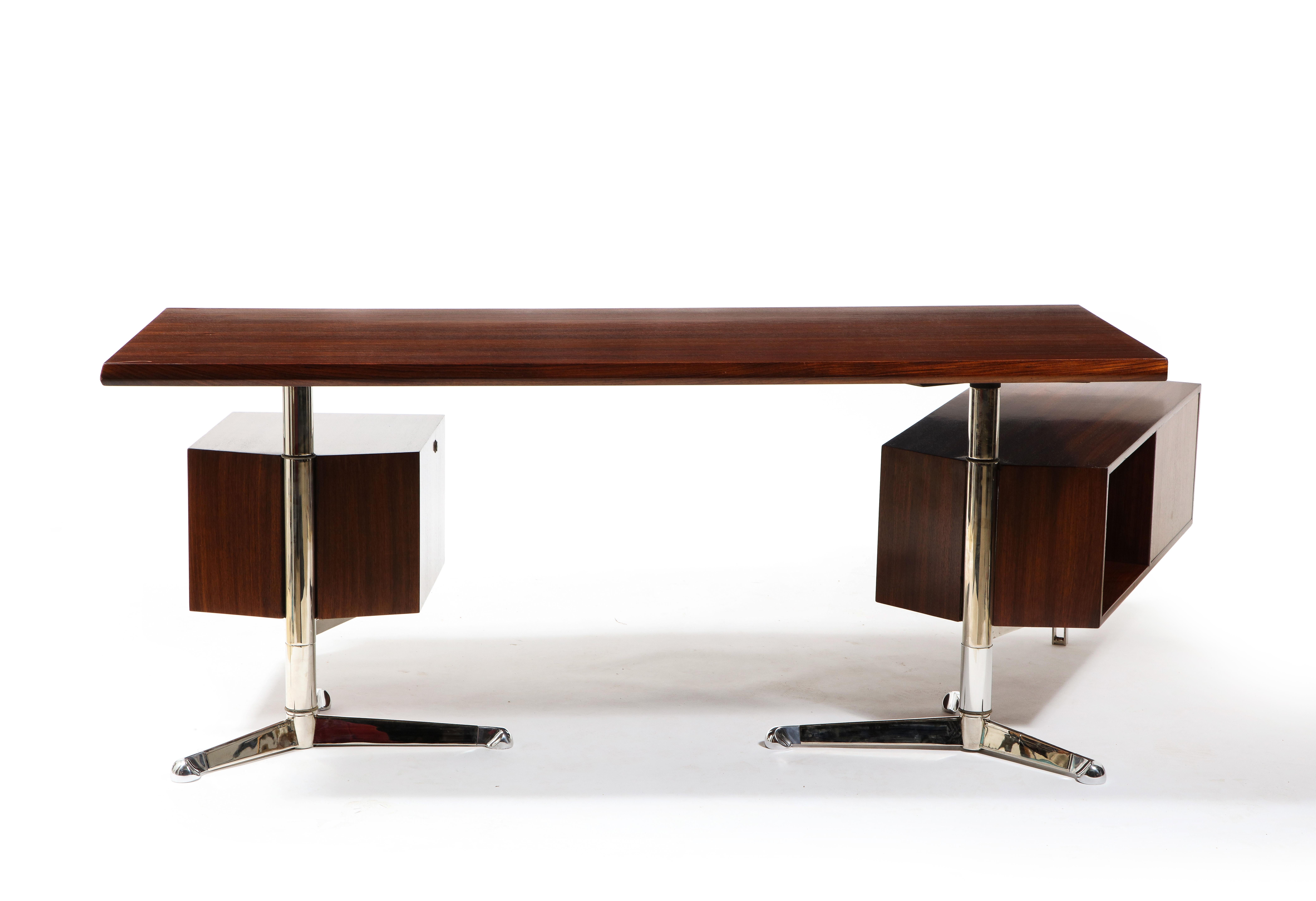 Italian Osvaldo Borsani Rosewood and Aluminum Desk for Tecno SPA, Italy 1960's