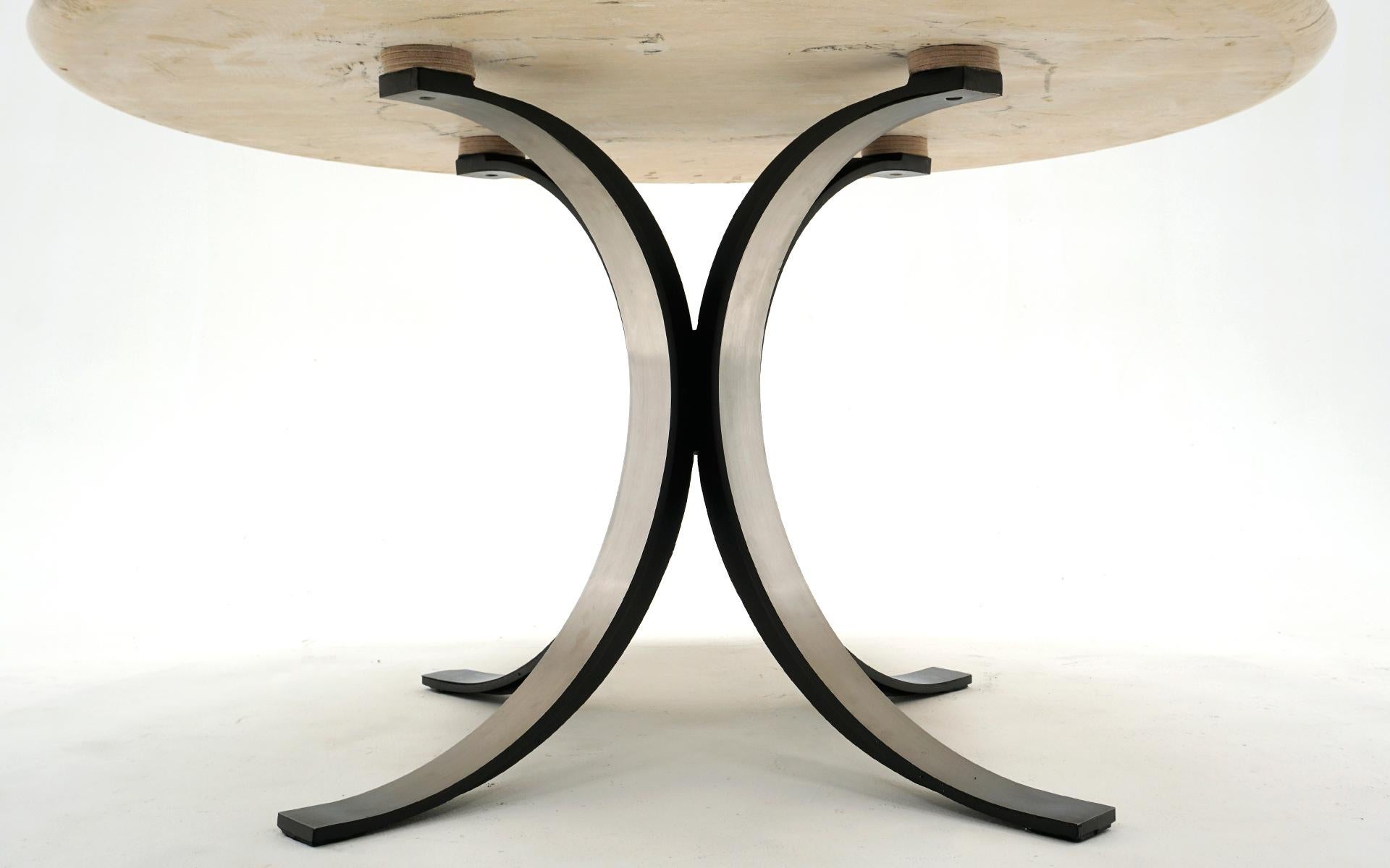Aluminum Osvaldo Borsani Round Dining / Center / Game Table with Travertine Top, Signed For Sale