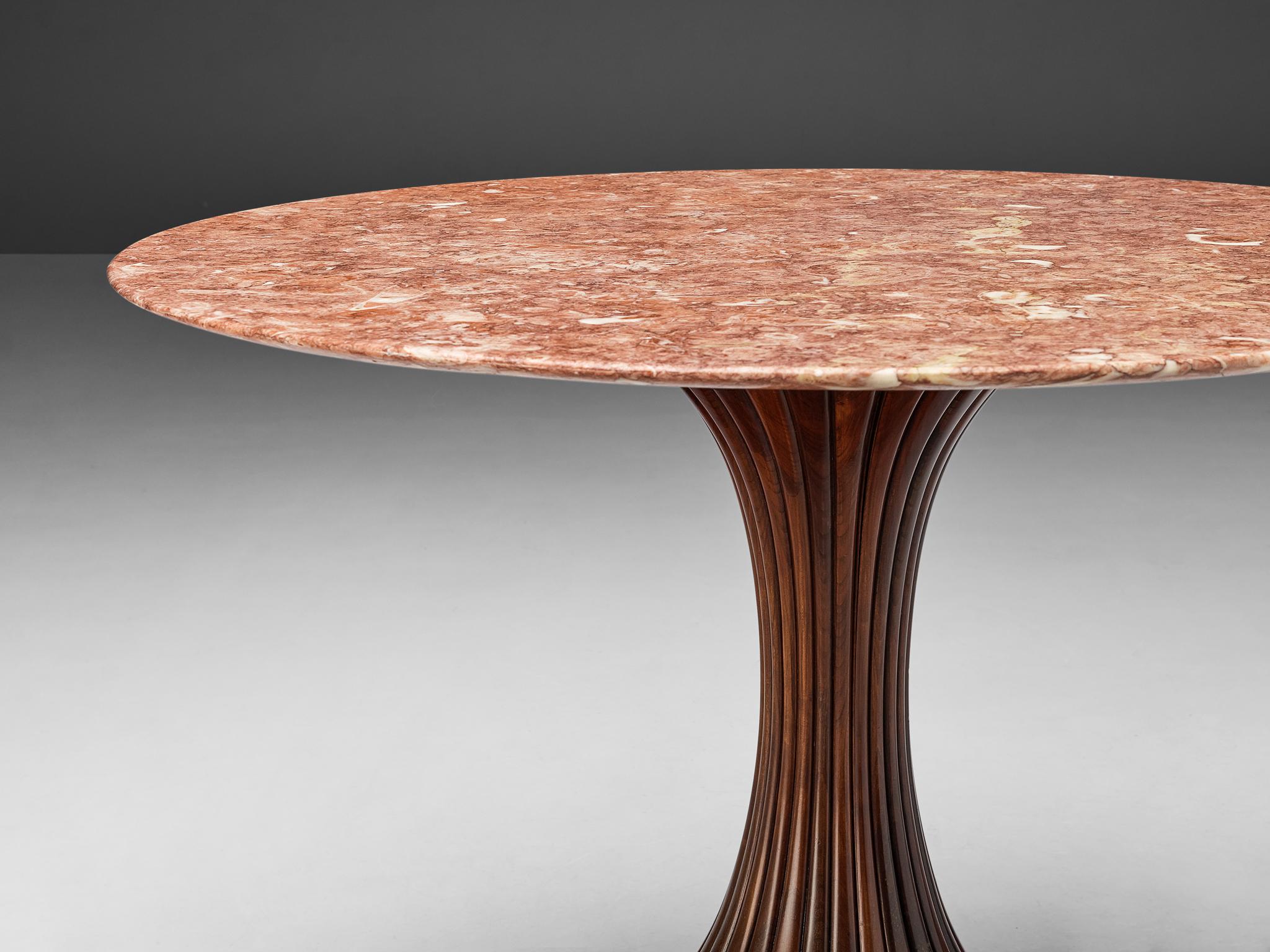 Mid-Century Modern Osvaldo Borsani Round Dining Table in Red Marble and Walnut