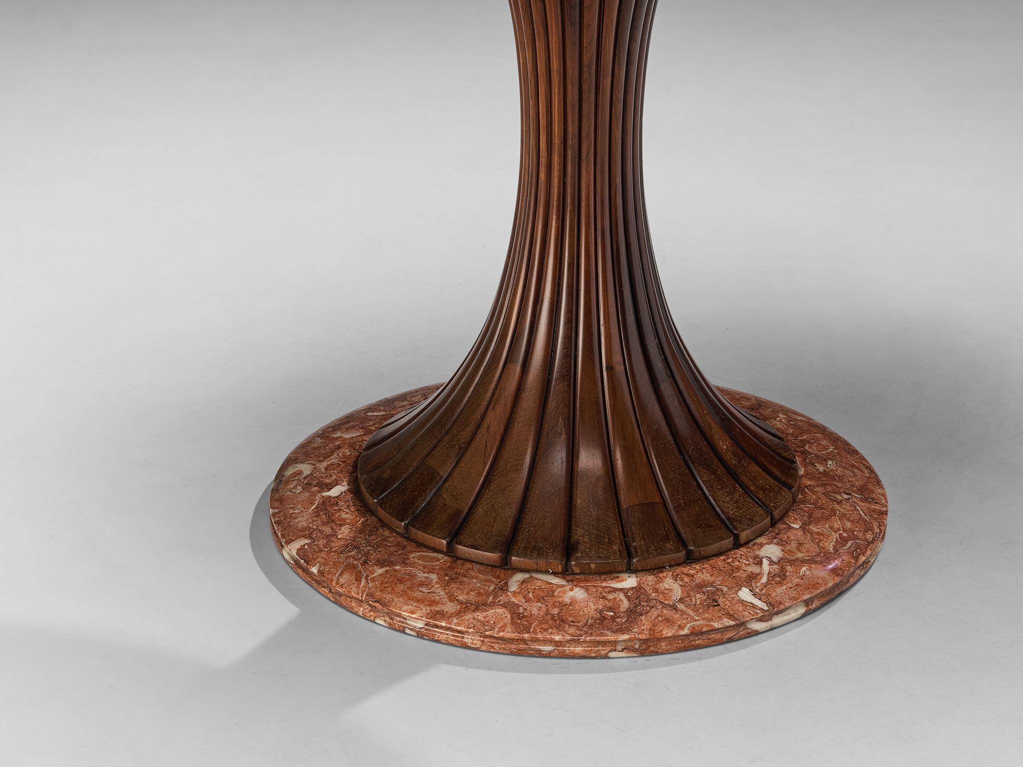 Italian Osvaldo Borsani Round Dining Table in Red Marble and Walnut