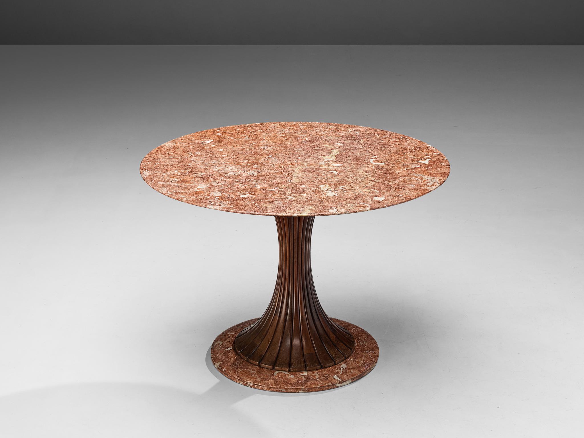 Osvaldo Borsani Round Dining Table in Red Marble and Walnut In Good Condition In Waalwijk, NL