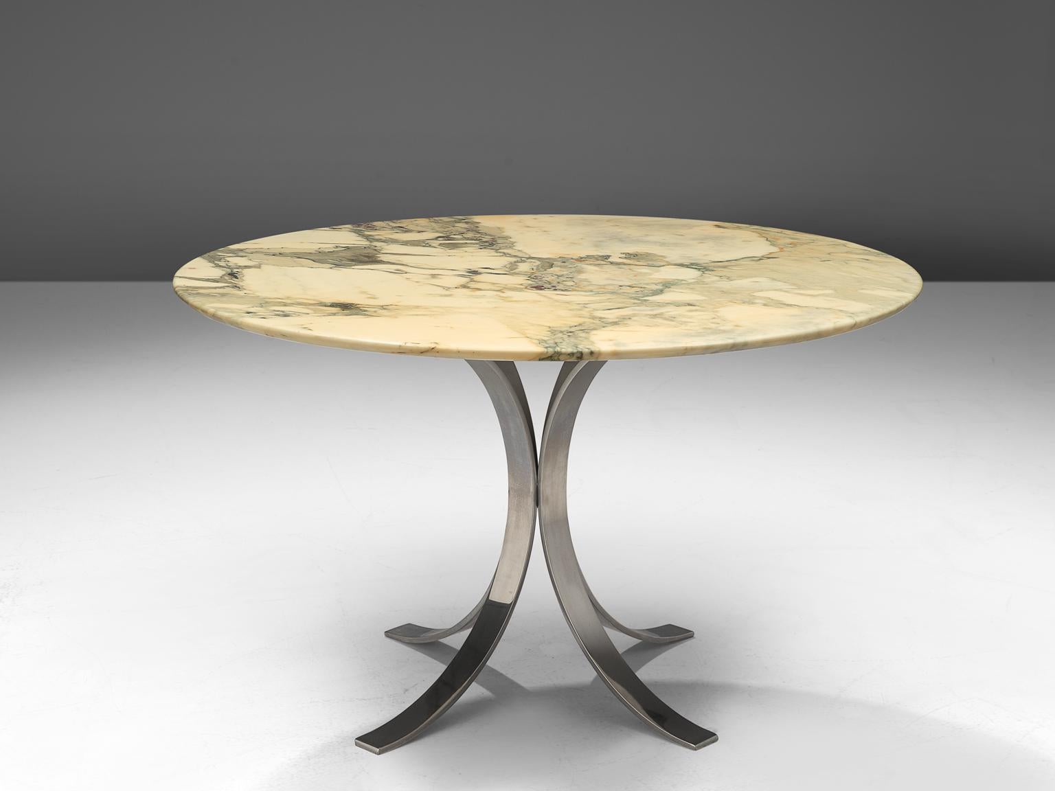 Osvaldo Borsani for Tecno, dining table, marble and metal, Italy, 19s63

Classic marble table, designed in 1963 by Osvaldo Borsani for Tecno, Italy. This elegant marble top shows an amazing grain in shades of beige and white with darker veins. The