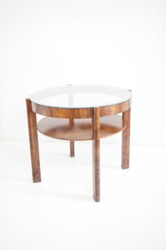 Osvaldo Borsani round walnut root deco coffee table, bi shelves, glass top, 1931