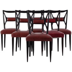 Osvaldo Borsani Six Midcentury Mahogany Dining Chairs, of Dark Red Faux Leather