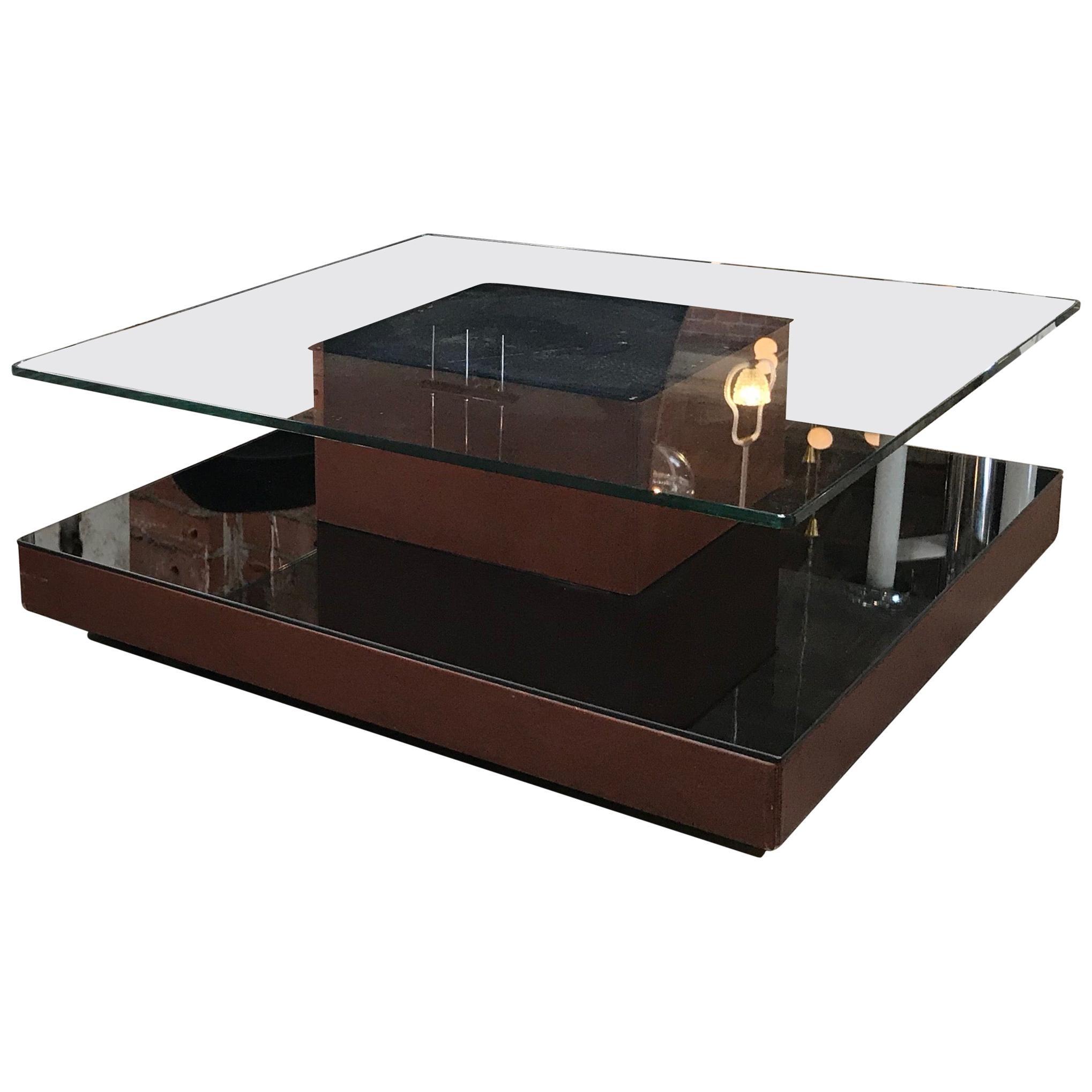 Osvaldo Borsani Square Coffee Table in Leather and Mirror, Italy, 1970s For Sale