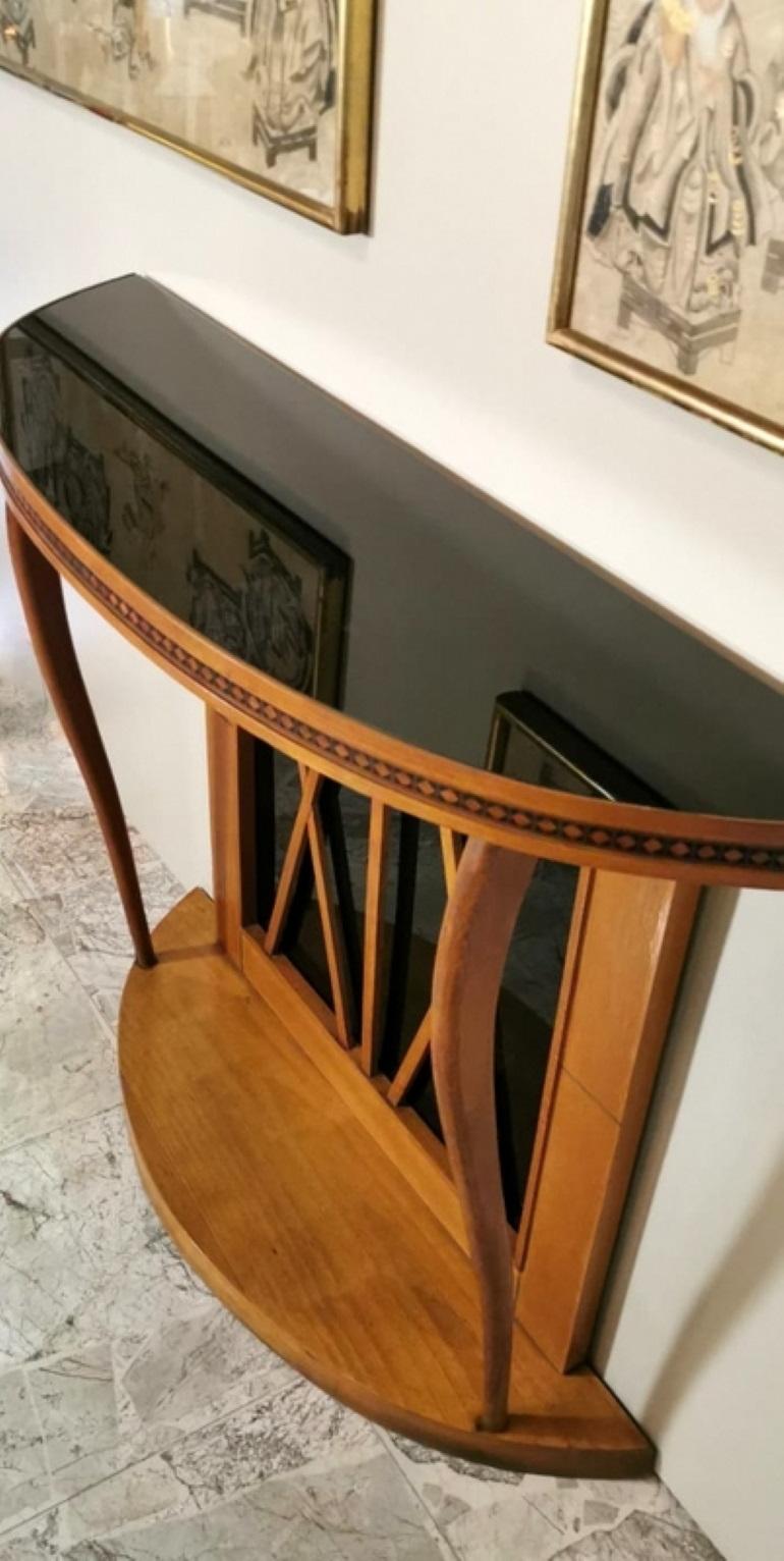 Osvaldo Borsani Style Italian Cherrywood Console Table with Black Glass 10