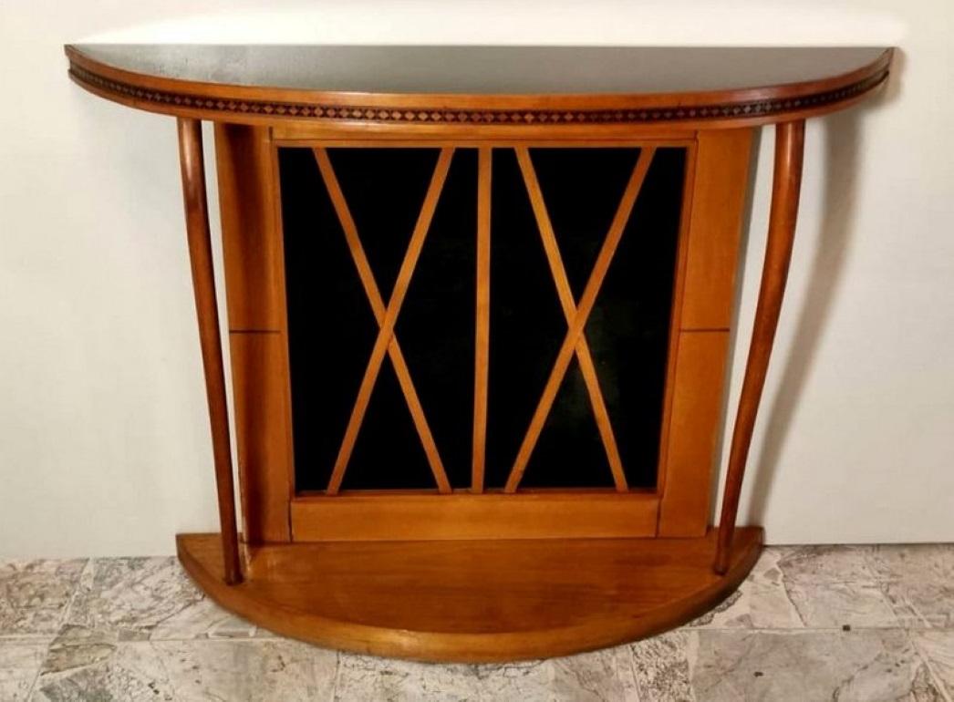 Modern Osvaldo Borsani Style Italian Cherrywood Console Table with Black Glass
