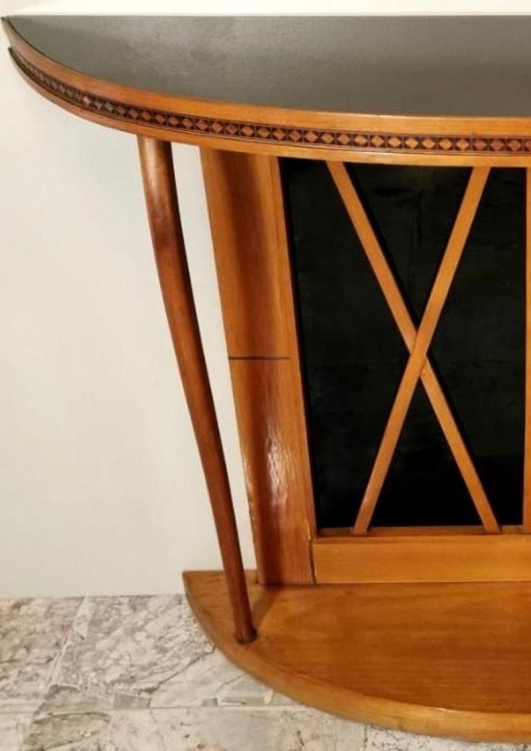 Osvaldo Borsani Style Italian Cherrywood Console Table with Black Glass In Good Condition In Prato, Tuscany