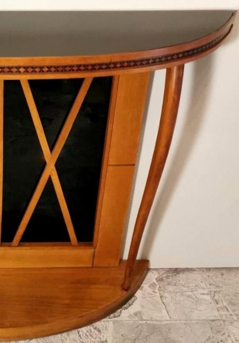 20th Century Osvaldo Borsani Style Italian Cherrywood Console Table with Black Glass