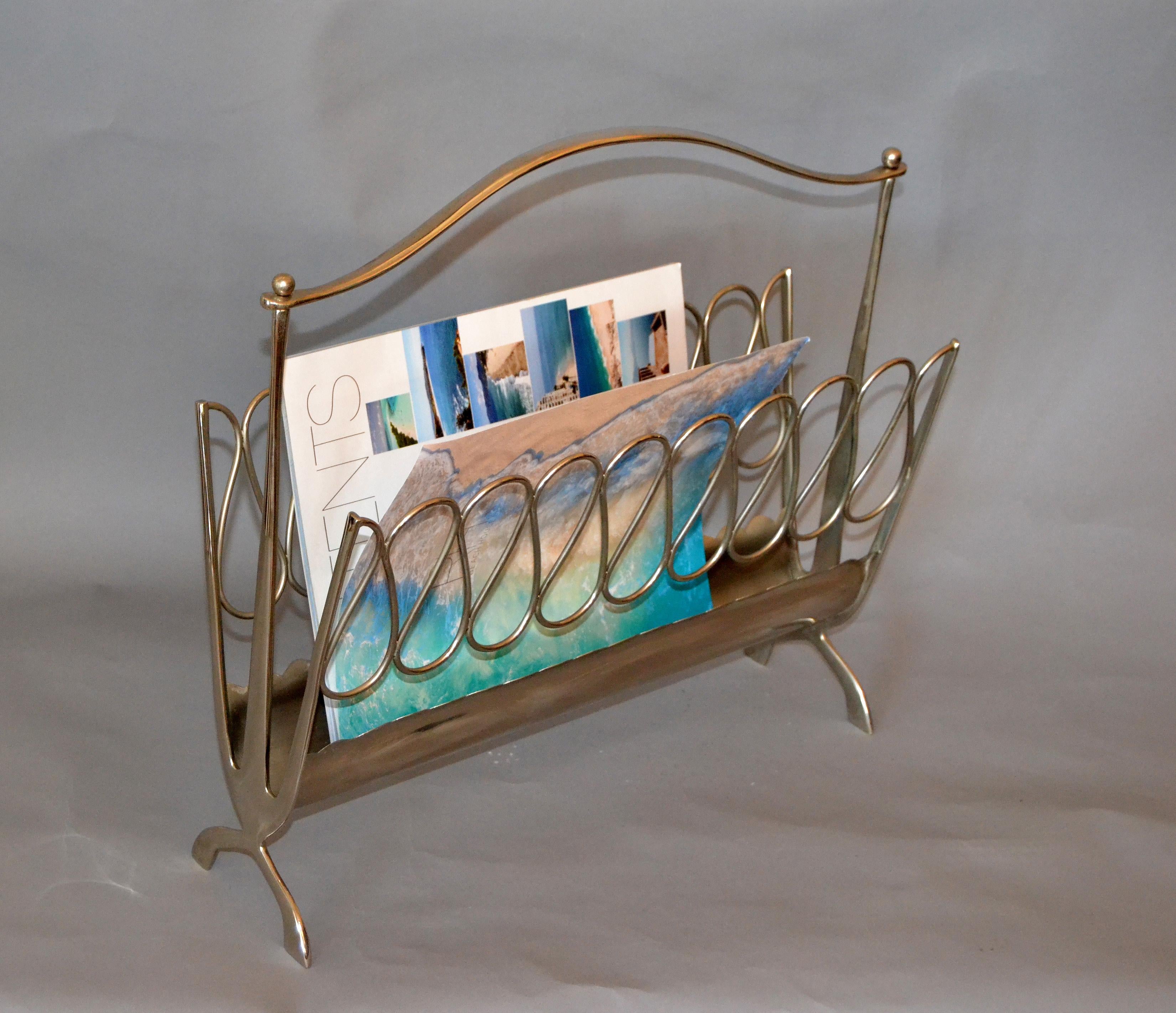 Polished Osvaldo Borsani Style Mid-Century Modern Scrolled Stainless Steel Magazine Rack For Sale