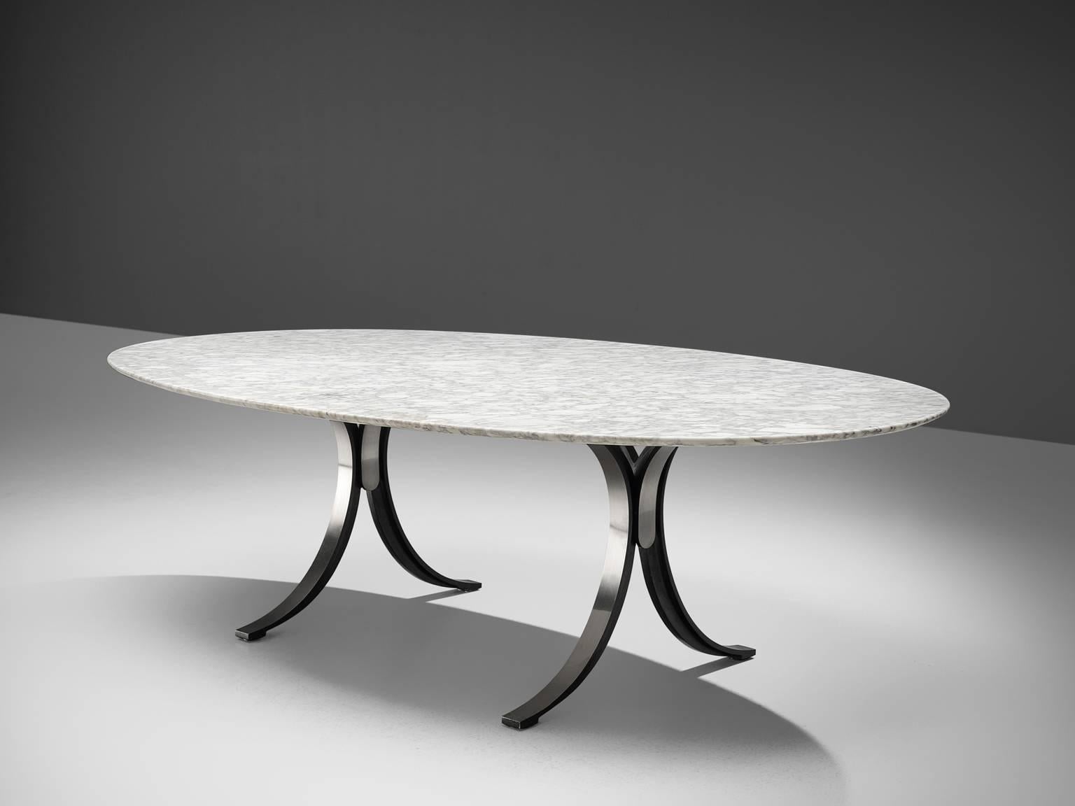 Osvaldo Borsani for Tecno, T 102 dining or conference table in Carrara marble and chrome plated steel, Italy, 1964. 

This elegant marble top shows an amazing grain in shades of grey and white with darker veins. The table has a marble top and