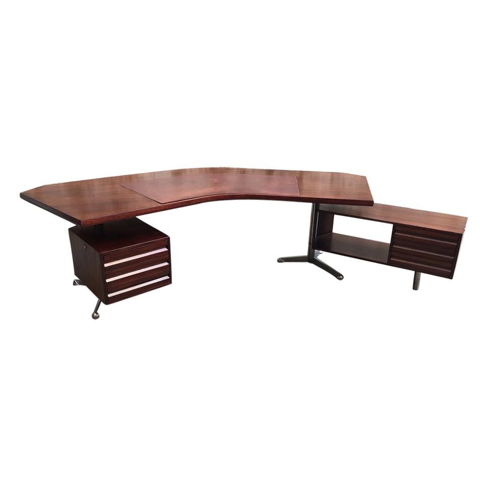 Osvaldo Borsani T96 Rosewood & Steel Boomerang Writing Desk by Tecno, Italy 1956