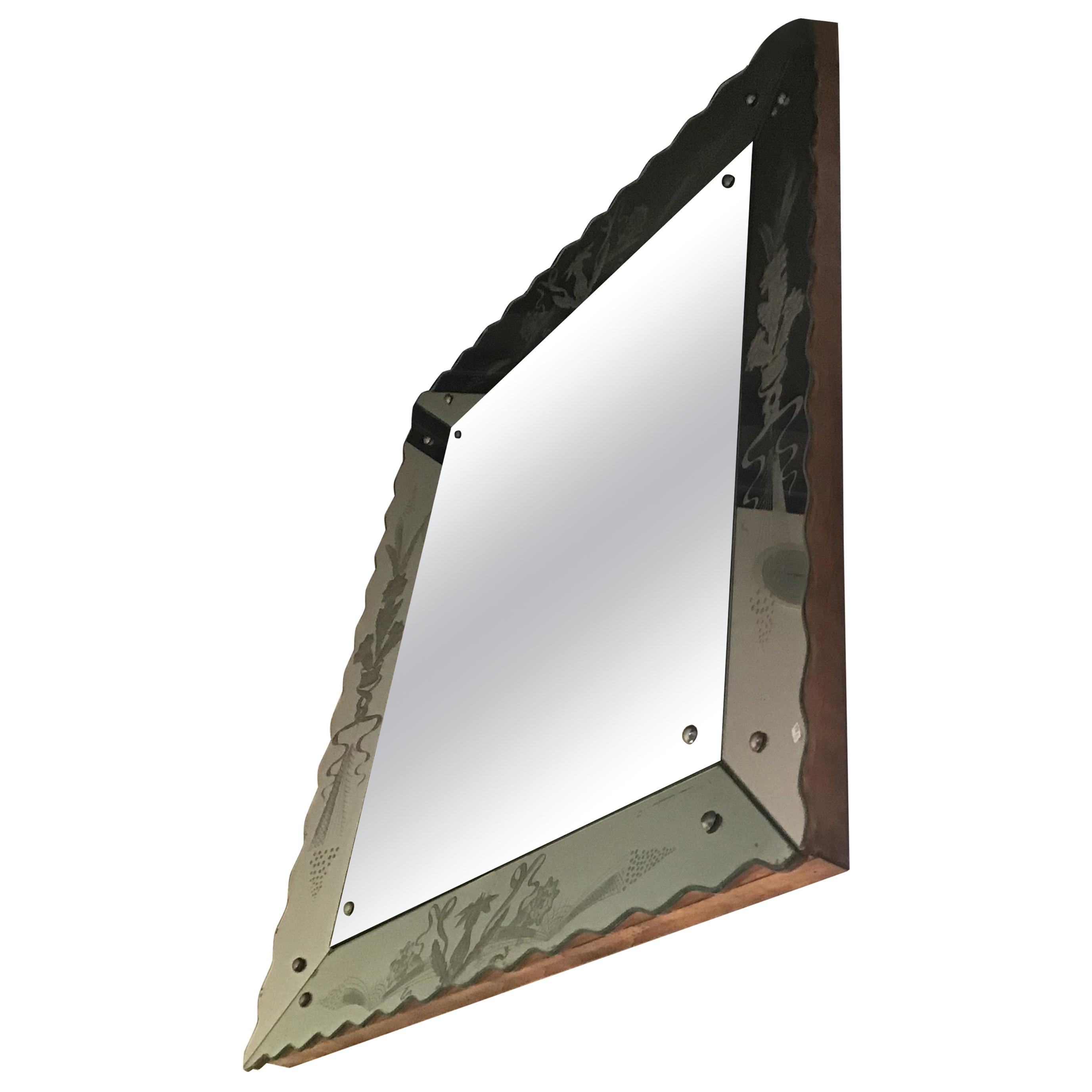 Osvaldo Borsani Wall Mirror Wood or Mirrored Glass with Drawings, 1940 For Sale