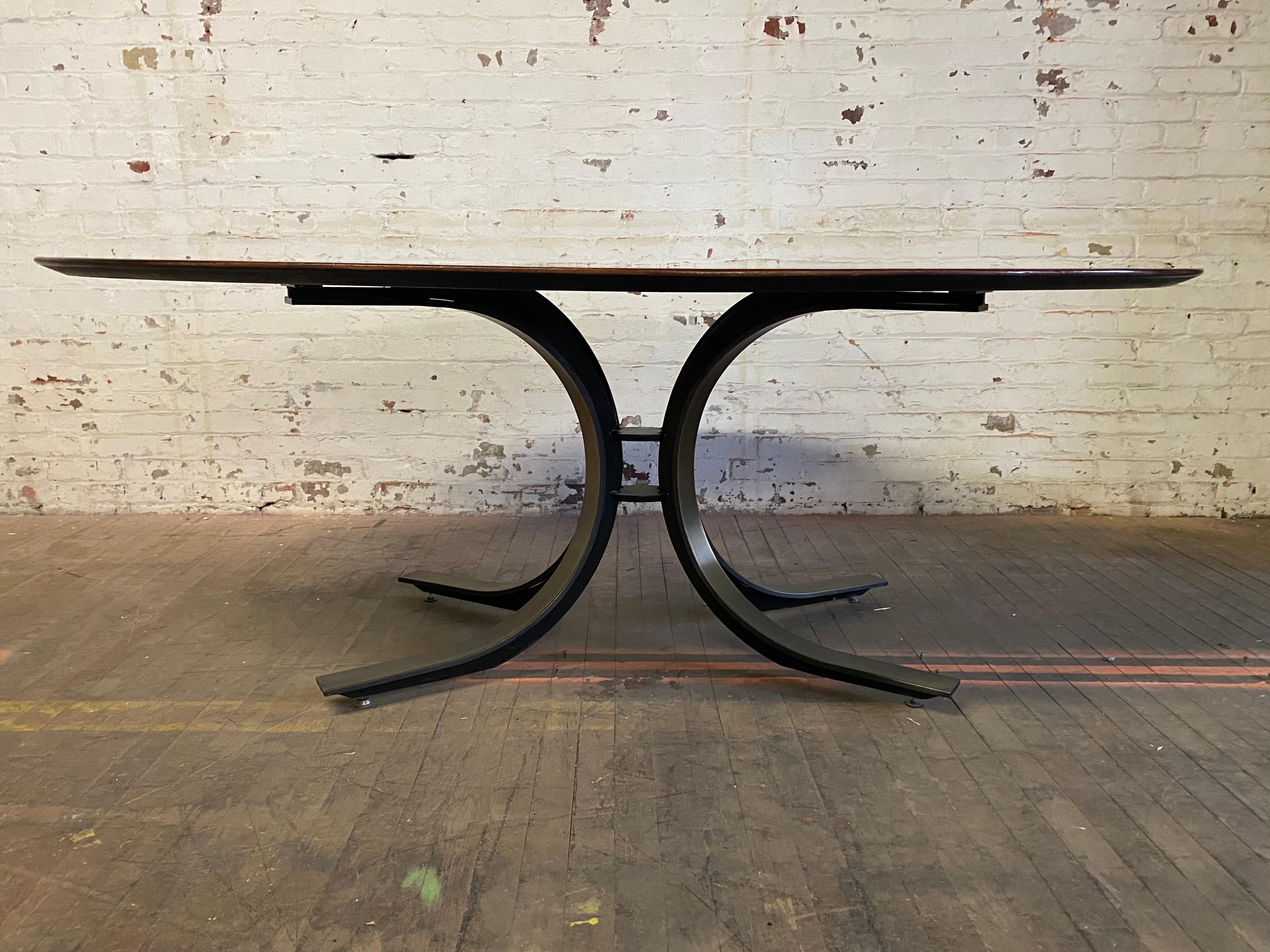 Mid-Century Modern Osvaldo Borsani Walnut & Bronzed Steel Oval Dining Table, c. 1970